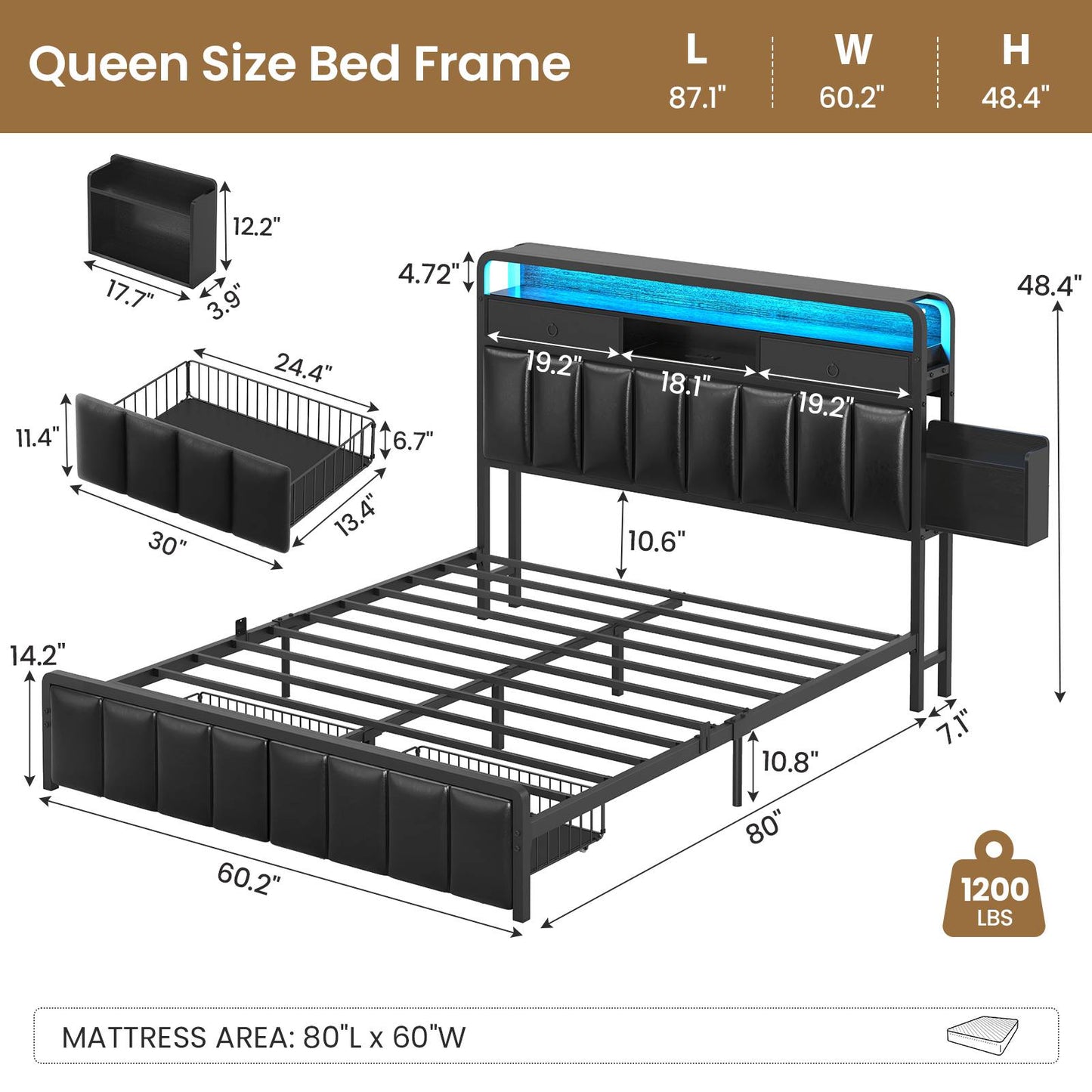 Hasuit | Bed Frame with Storage Drawers Upholstered Headboard with Hidden Storage Shelf LED Lights and Charging Station Queen King Two Sizes