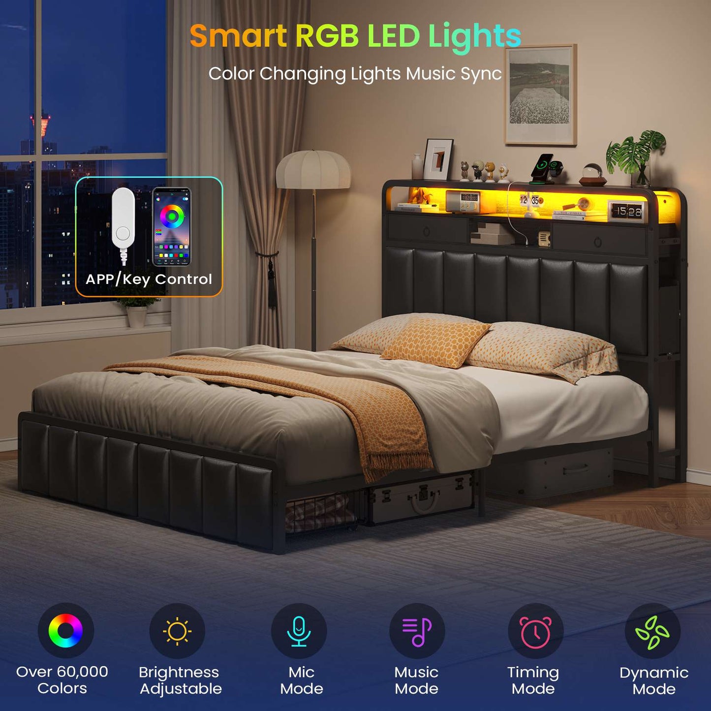 Hasuit | Bed Frame with Storage Drawers Upholstered Headboard with Hidden Storage Shelf LED Lights and Charging Station Queen King Two Sizes