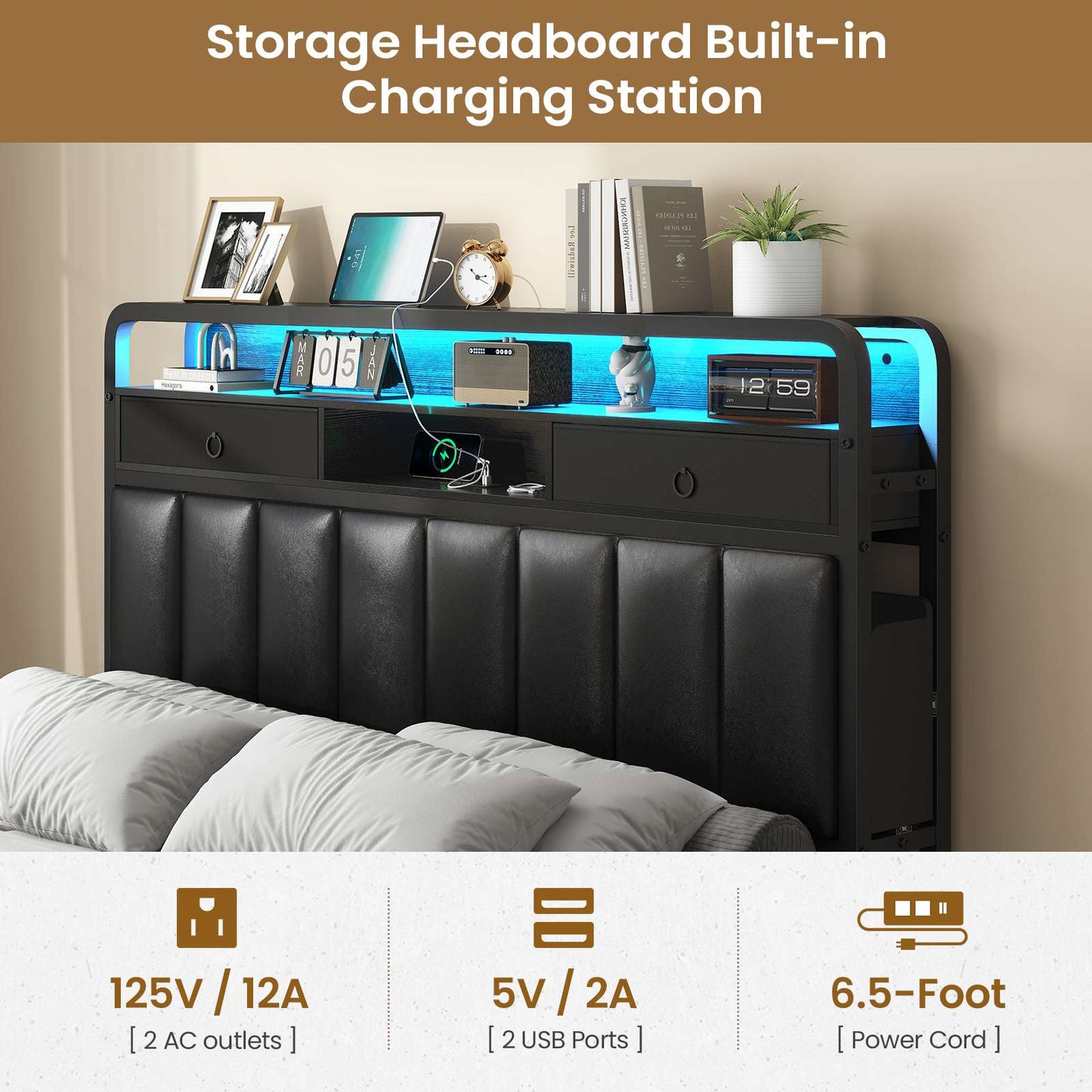 Hasuit | Bed Frame with Storage Drawers Upholstered Headboard with Hidden Storage Shelf LED Lights and Charging Station Queen King Two Sizes