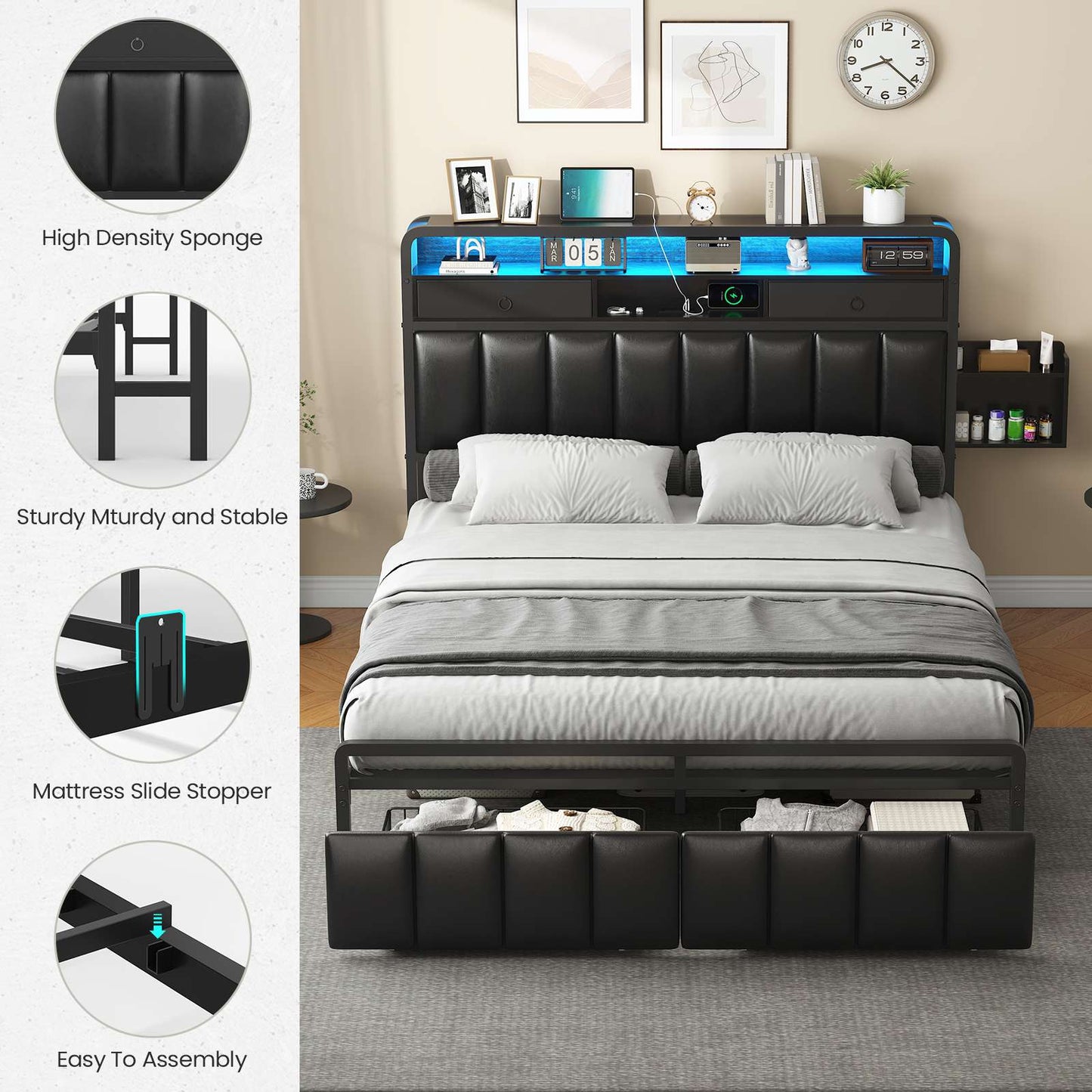 Hasuit | Bed Frame with Storage Drawers Upholstered Headboard with Hidden Storage Shelf LED Lights and Charging Station Queen King Two Sizes