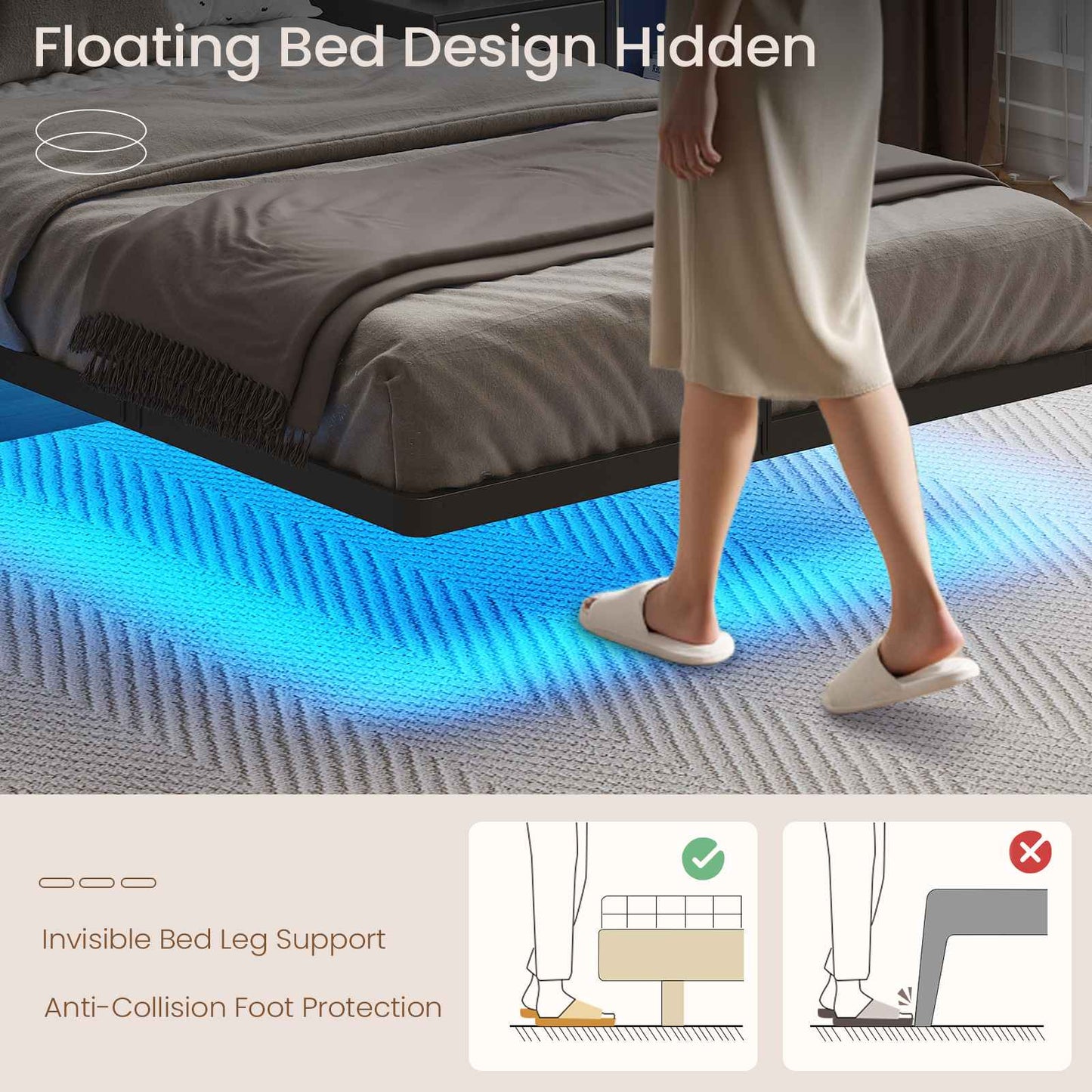 Hasuit | Floating Bed Frame with Charging Station and LED Lights Bed Frame with Wood Storage Headboard Upholstered Platform Bed Two Sizes