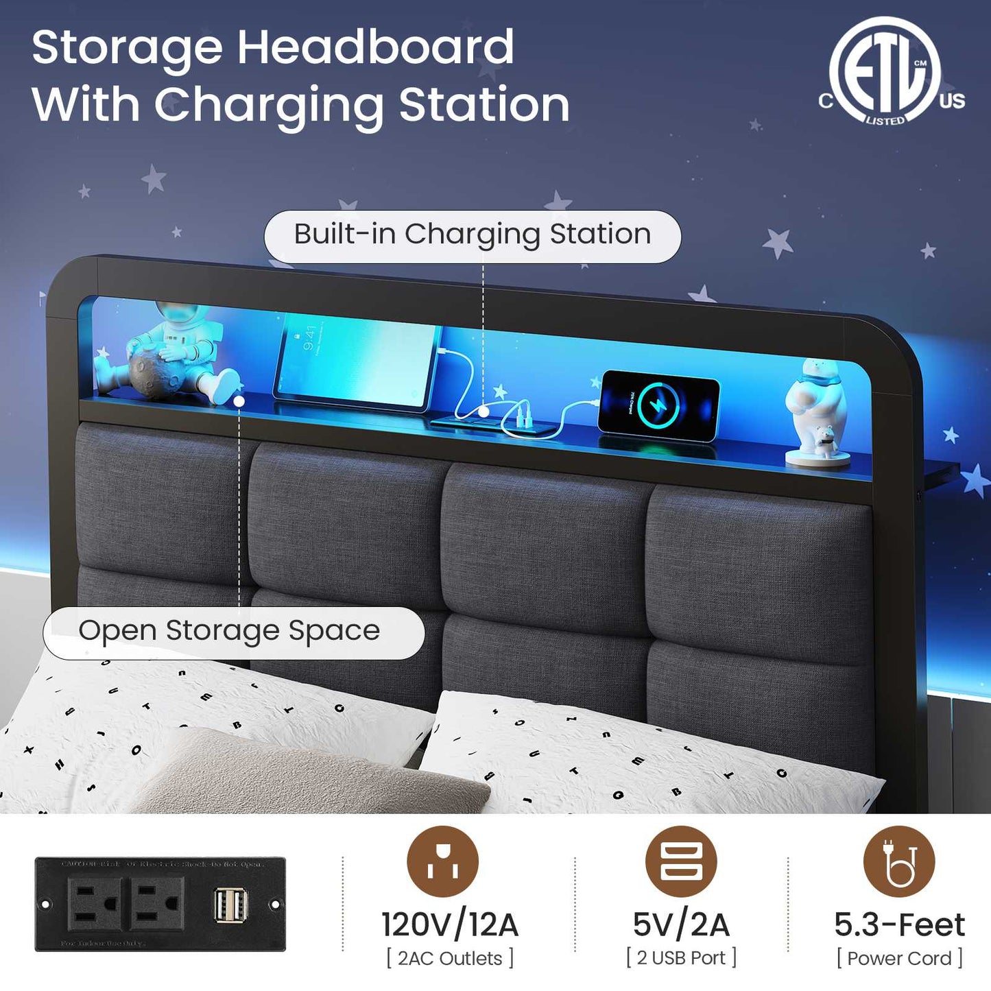 Hasuit | Floating Bed Frame with Charging Station and LED Lights Bed Frame with Wood Storage Headboard Upholstered Platform Bed Two Sizes