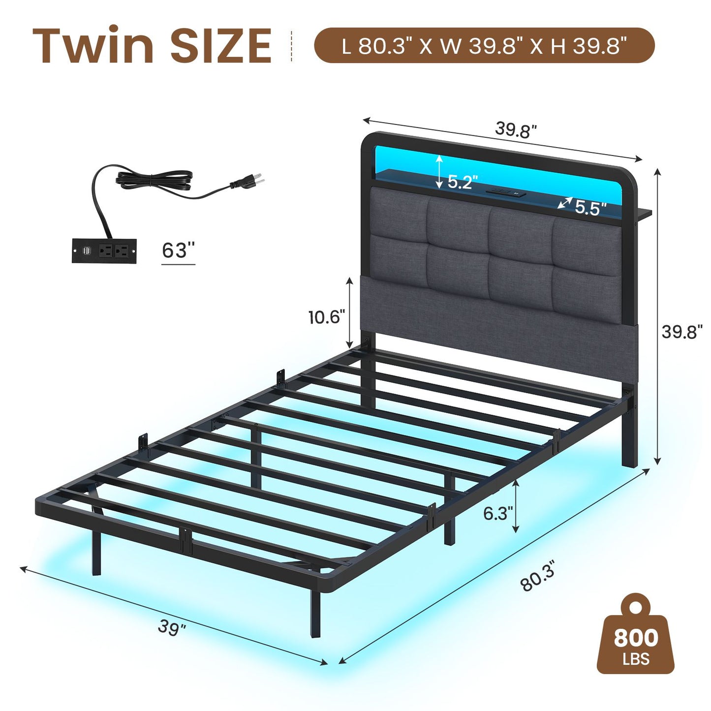 Hasuit | Floating Bed Frame with Charging Station and LED Lights Bed Frame with Wood Storage Headboard Upholstered Platform Bed Two Sizes
