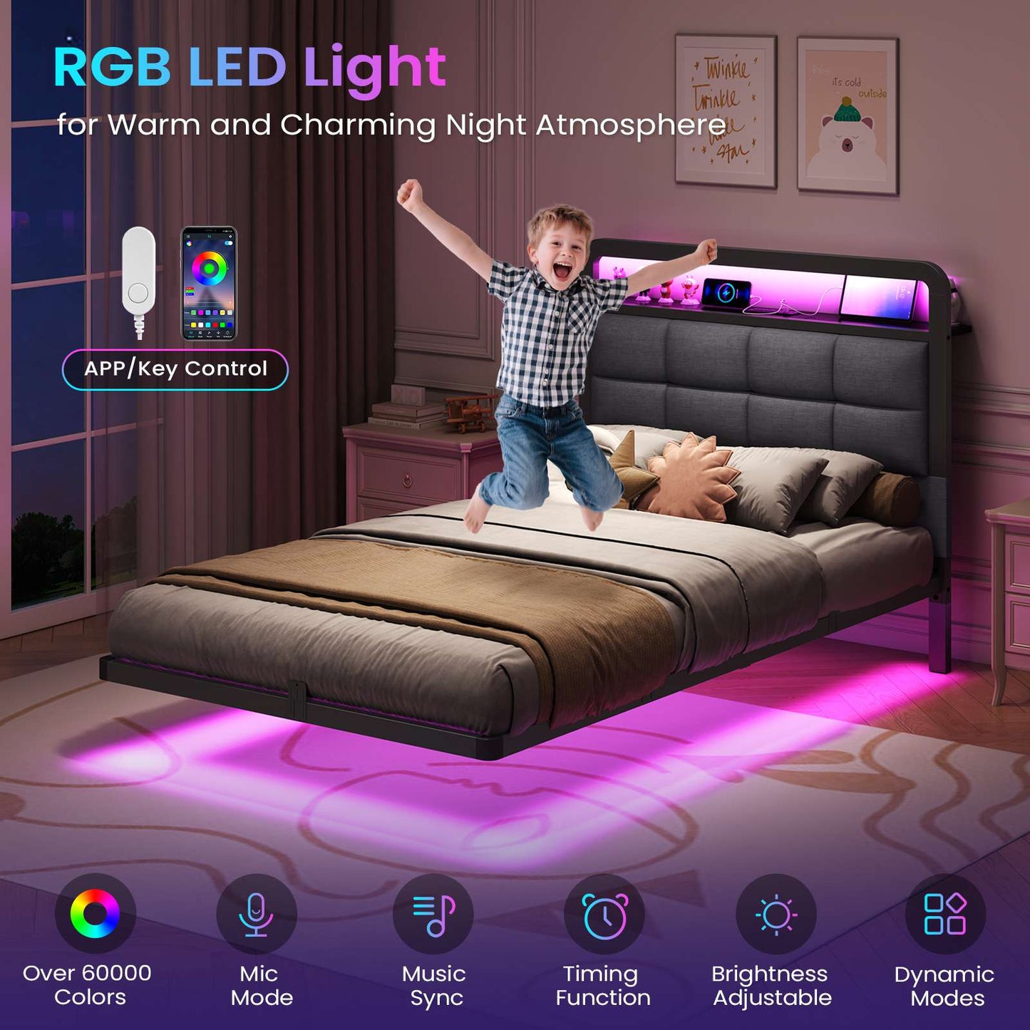 Hasuit | Floating Bed Frame with Charging Station and LED Lights Bed Frame with Wood Storage Headboard Upholstered Platform Bed Two Sizes