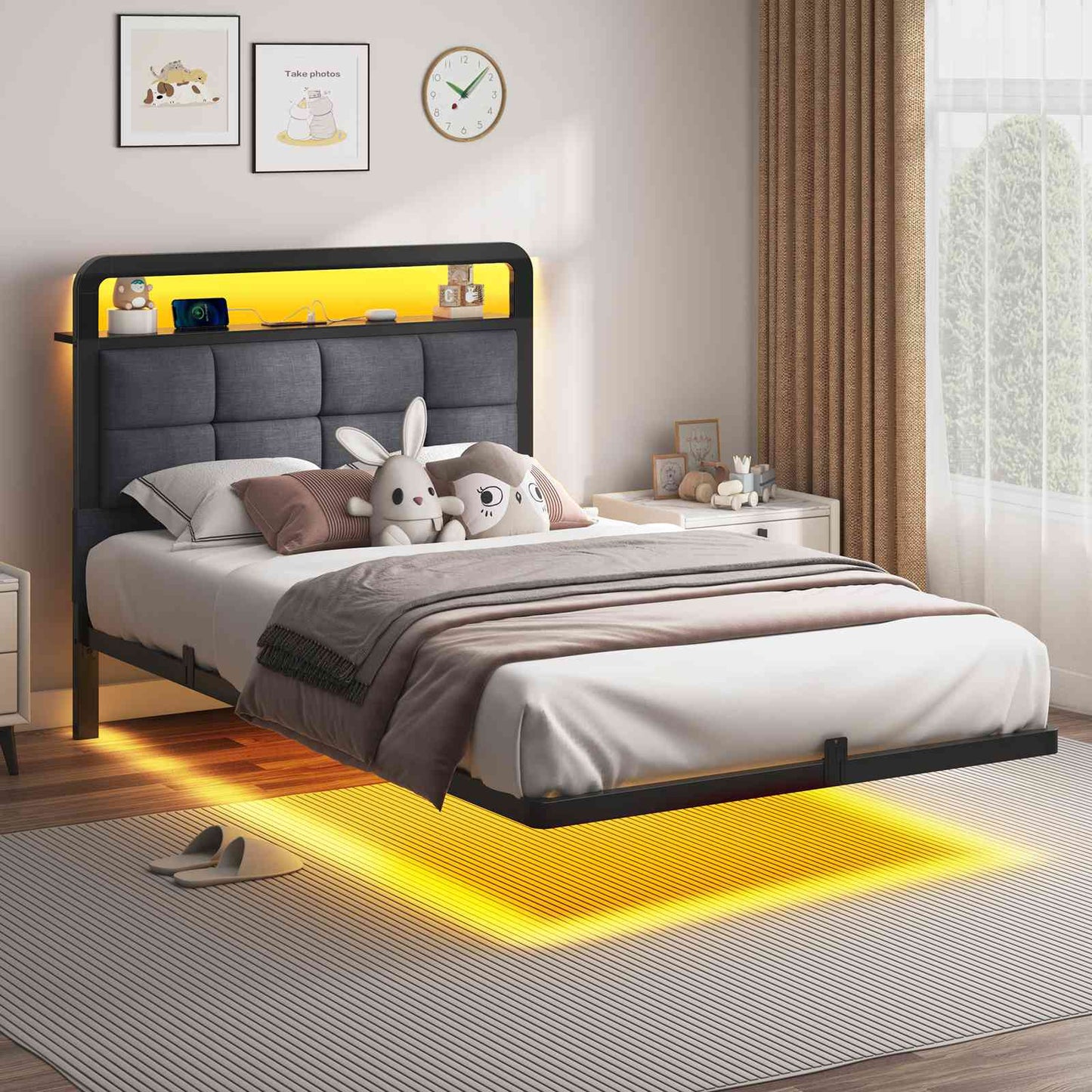 Hasuit | Floating Bed Frame with Charging Station and LED Lights Bed Frame with Wood Storage Headboard Upholstered Platform Bed Two Sizes