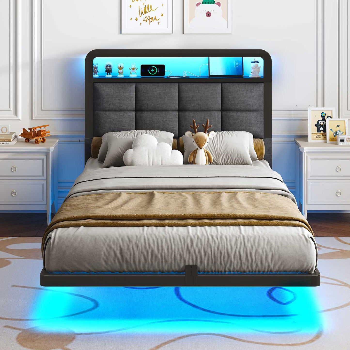 Hasuit | Floating Bed Frame with Charging Station and LED Lights Bed Frame with Wood Storage Headboard Upholstered Platform Bed Two Sizes