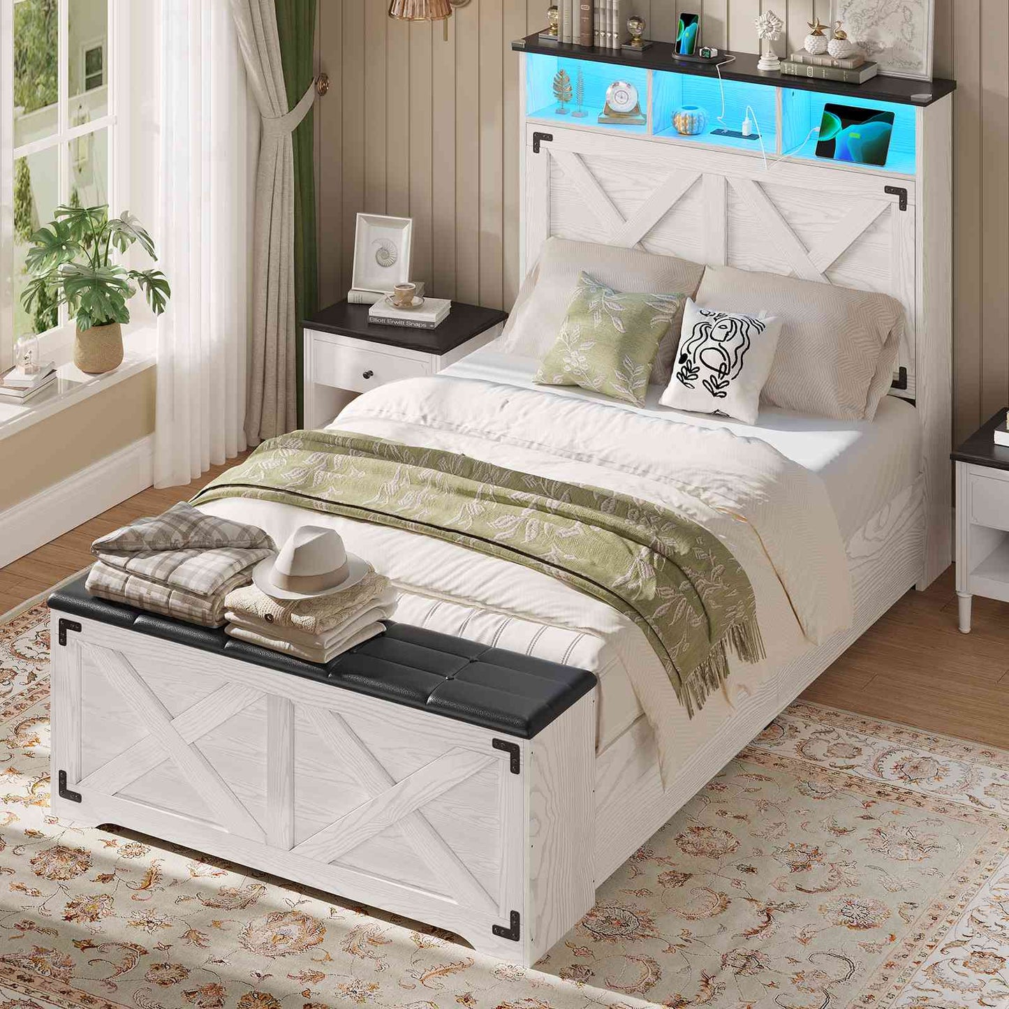 Hasuit | Farmhouse Bed Frame Twin Size with Storage Headboard Charging Station and LED Light Wooden Twin Bed Frame with Storage Ottoman