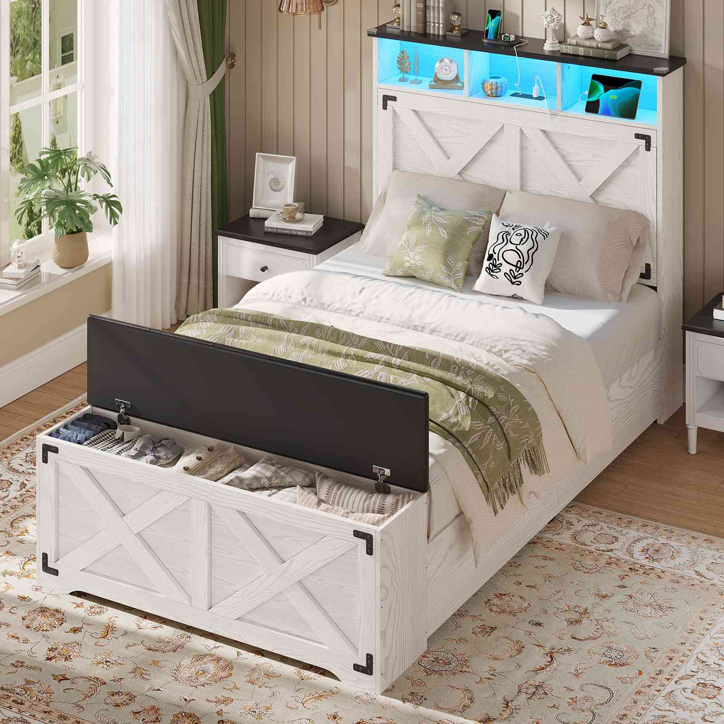 Hasuit | Farmhouse Bed Frame Twin Size with Storage Headboard Charging Station and LED Light Wooden Twin Bed Frame with Storage Ottoman