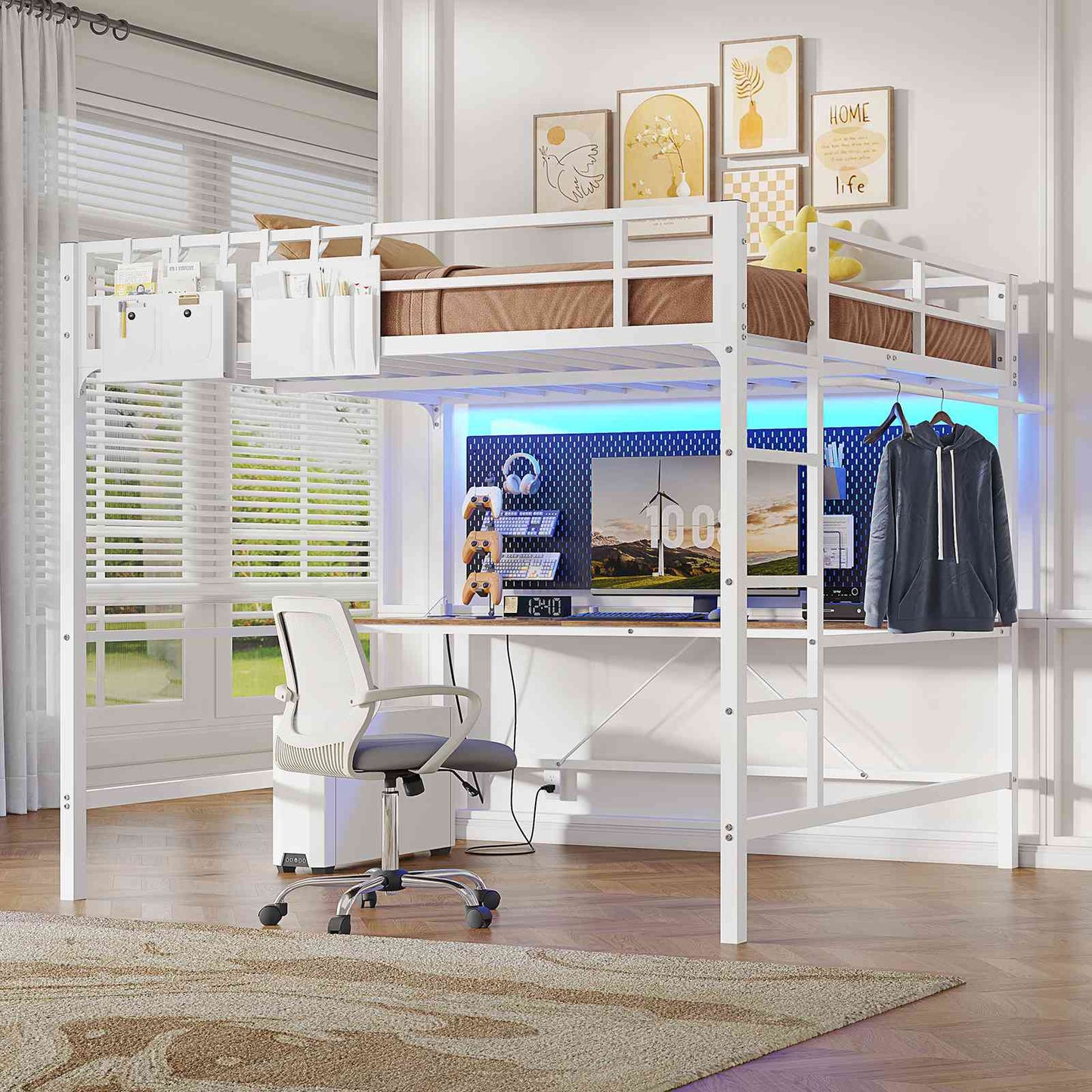 Hasuit | Full Size Metal Loft Bed with Desk LED Lights & Charging Station Loft Bed Includes Safety Guard Rail & Ladder No Box Spring Needed