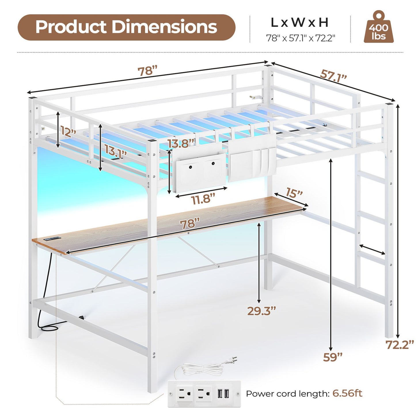 Hasuit | Full Size Metal Loft Bed with Desk LED Lights & Charging Station Loft Bed Includes Safety Guard Rail & Ladder No Box Spring Needed