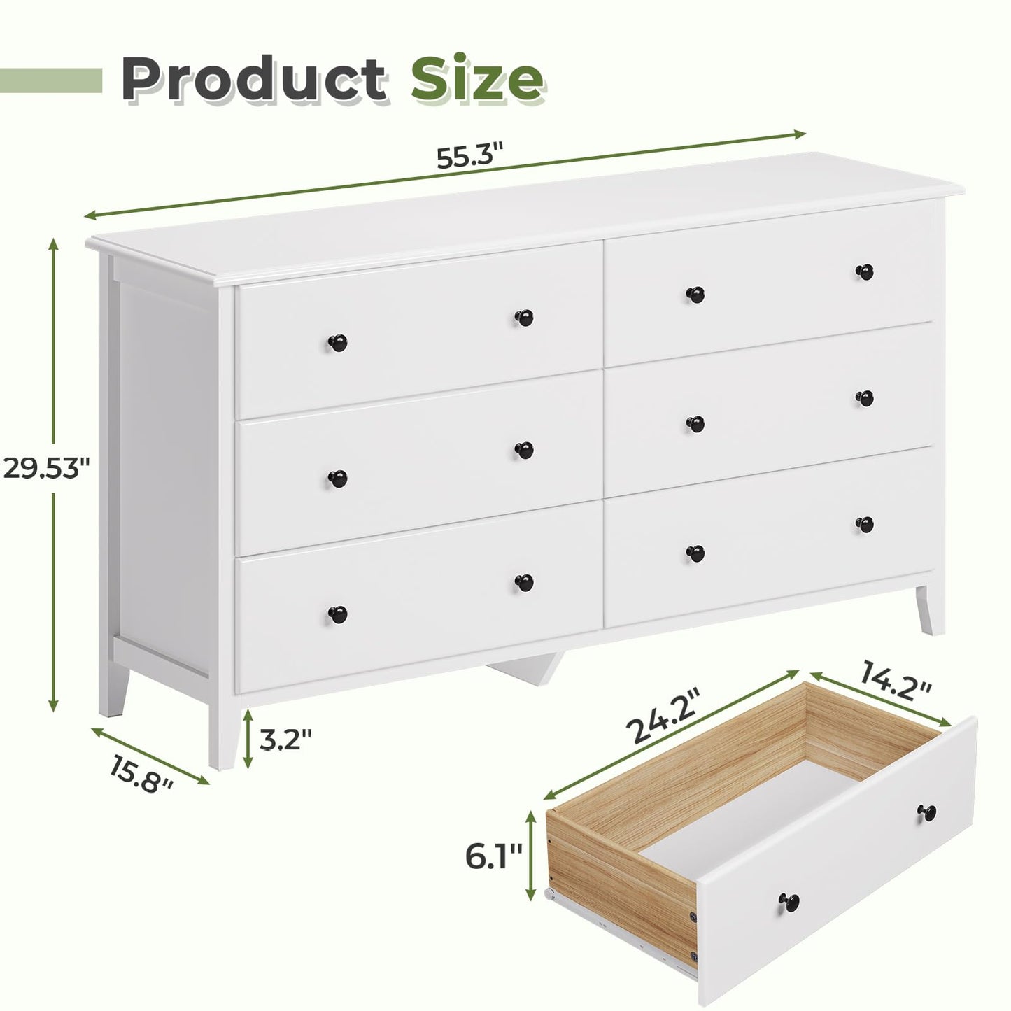 Hasuit | 55.3 Inch Wide Dresser Long Dressers Chest of Drawers Large Capacity 6 Drawer Double Dresser White