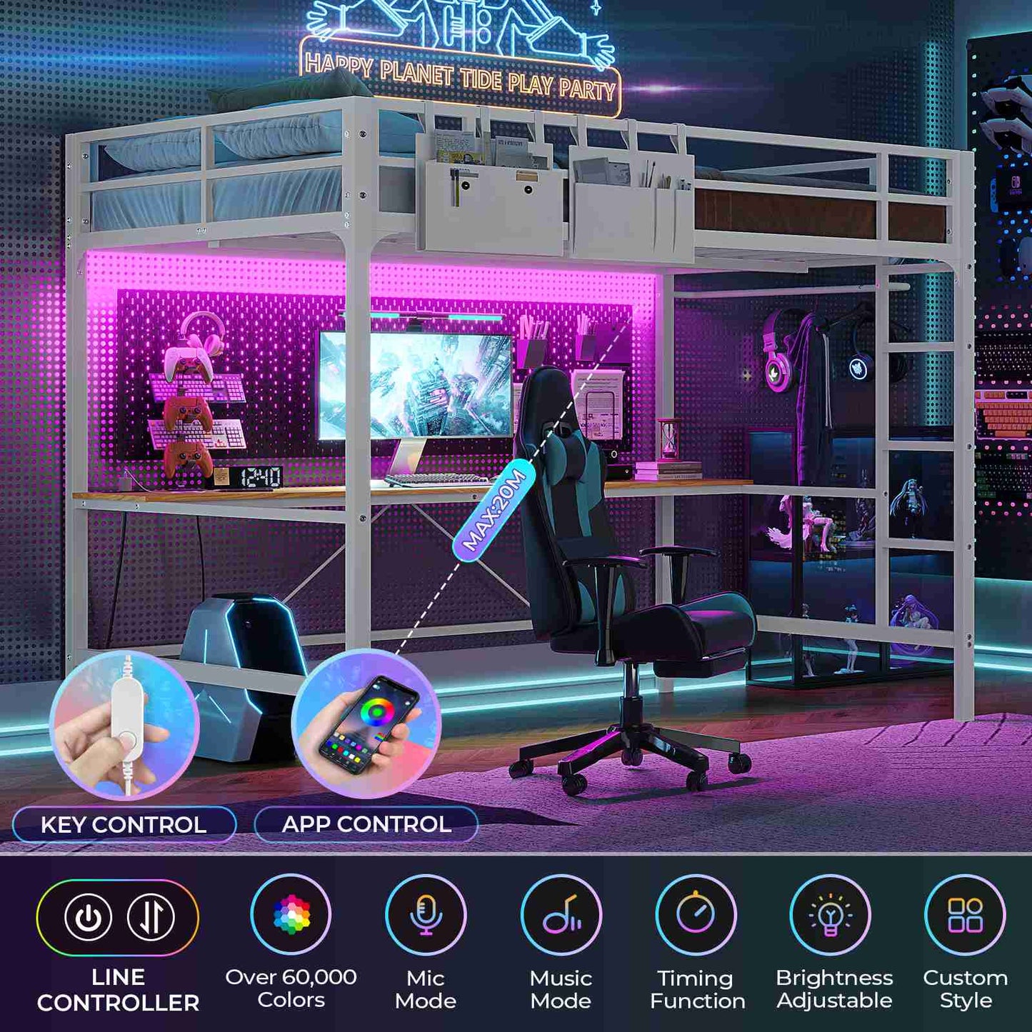 Hasuit | Full Size Metal Loft Bed with Desk LED Lights & Charging Station Loft Bed Includes Safety Guard Rail & Ladder No Box Spring Needed