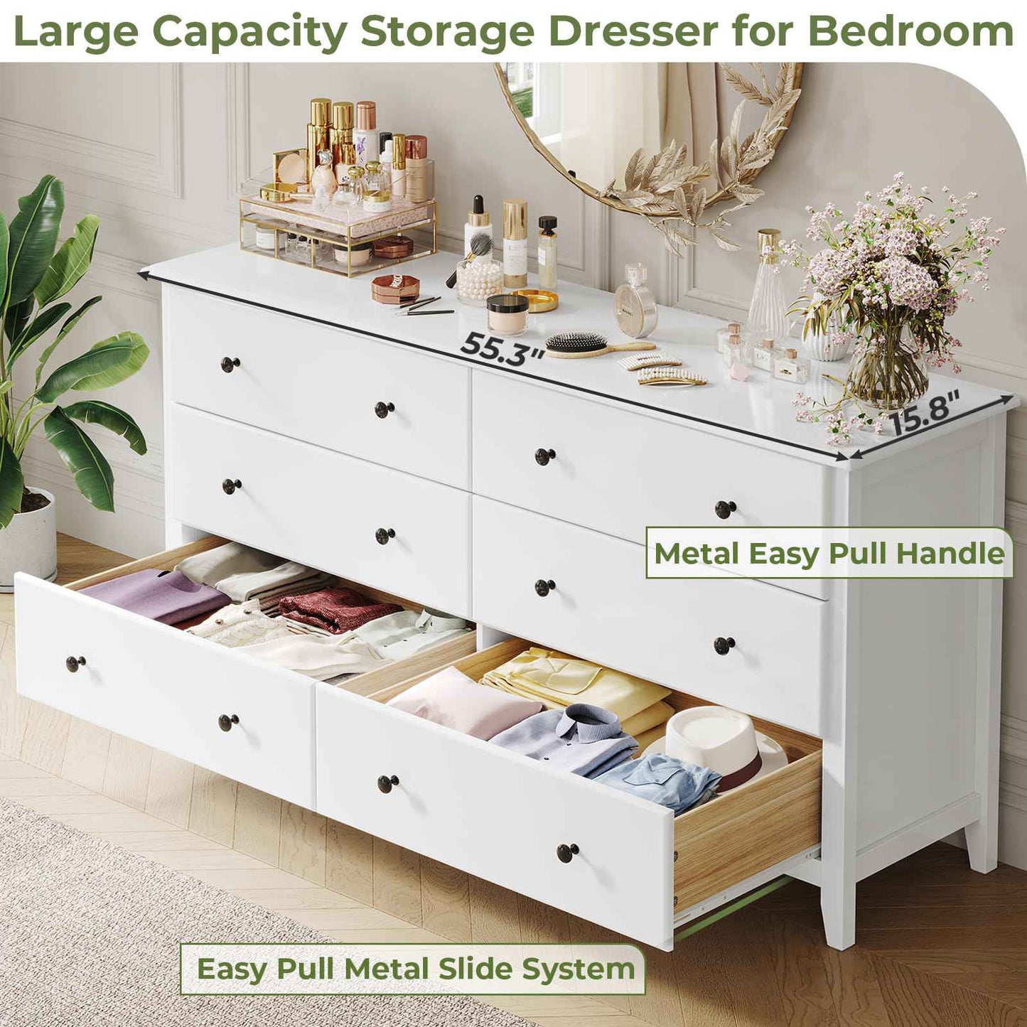 Hasuit | 55.3 Inch Wide Dresser Long Dressers Chest of Drawers Large Capacity 6 Drawer Double Dresser White