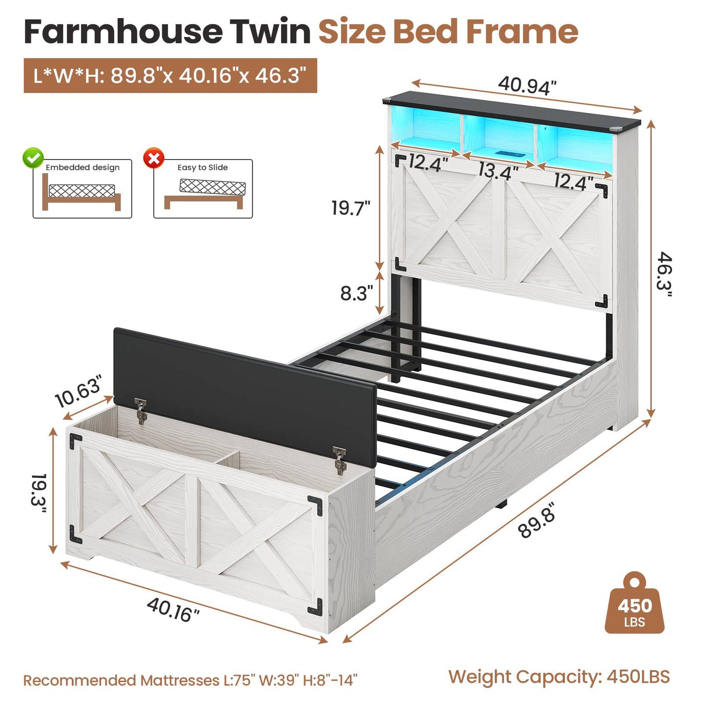Hasuit | Farmhouse Bed Frame Twin Size with Storage Headboard Charging Station and LED Light Wooden Twin Bed Frame with Storage Ottoman