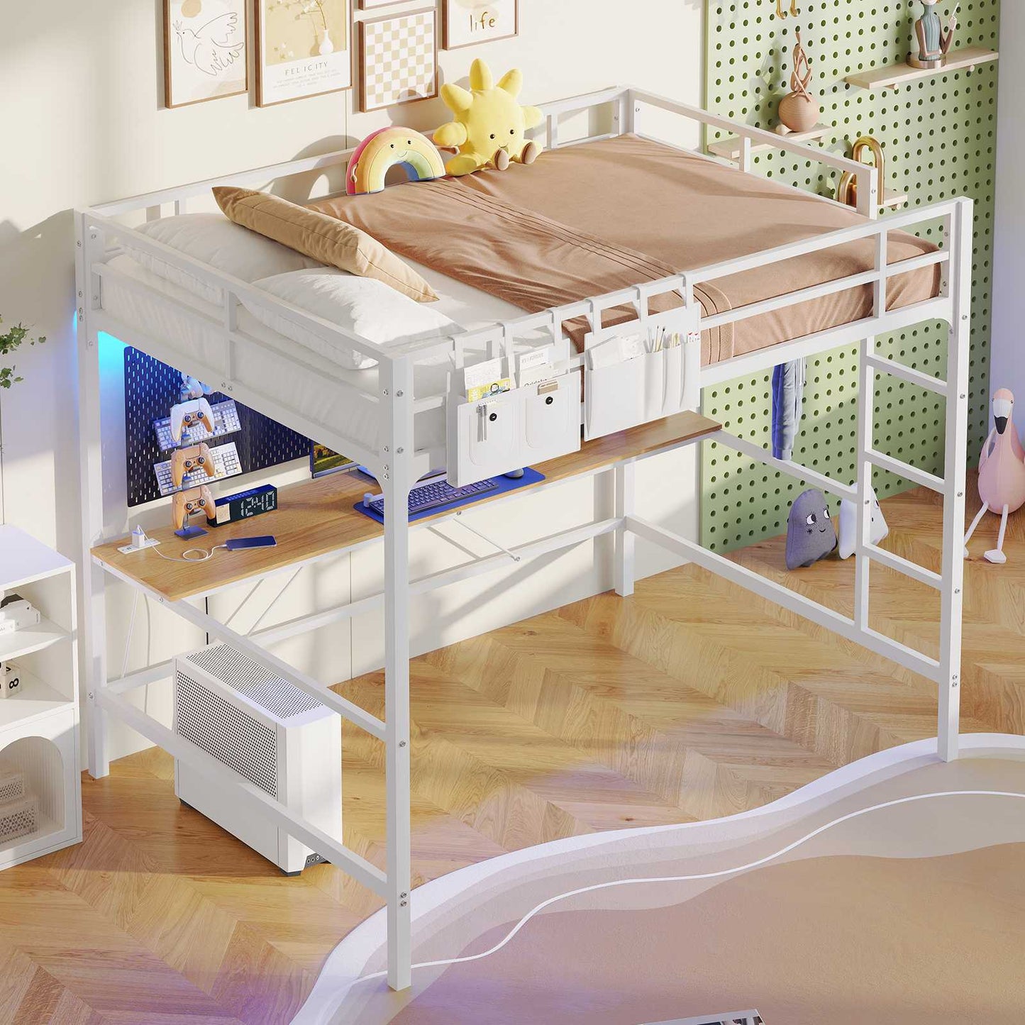 Hasuit | Full Size Metal Loft Bed with Desk LED Lights & Charging Station Loft Bed Includes Safety Guard Rail & Ladder No Box Spring Needed