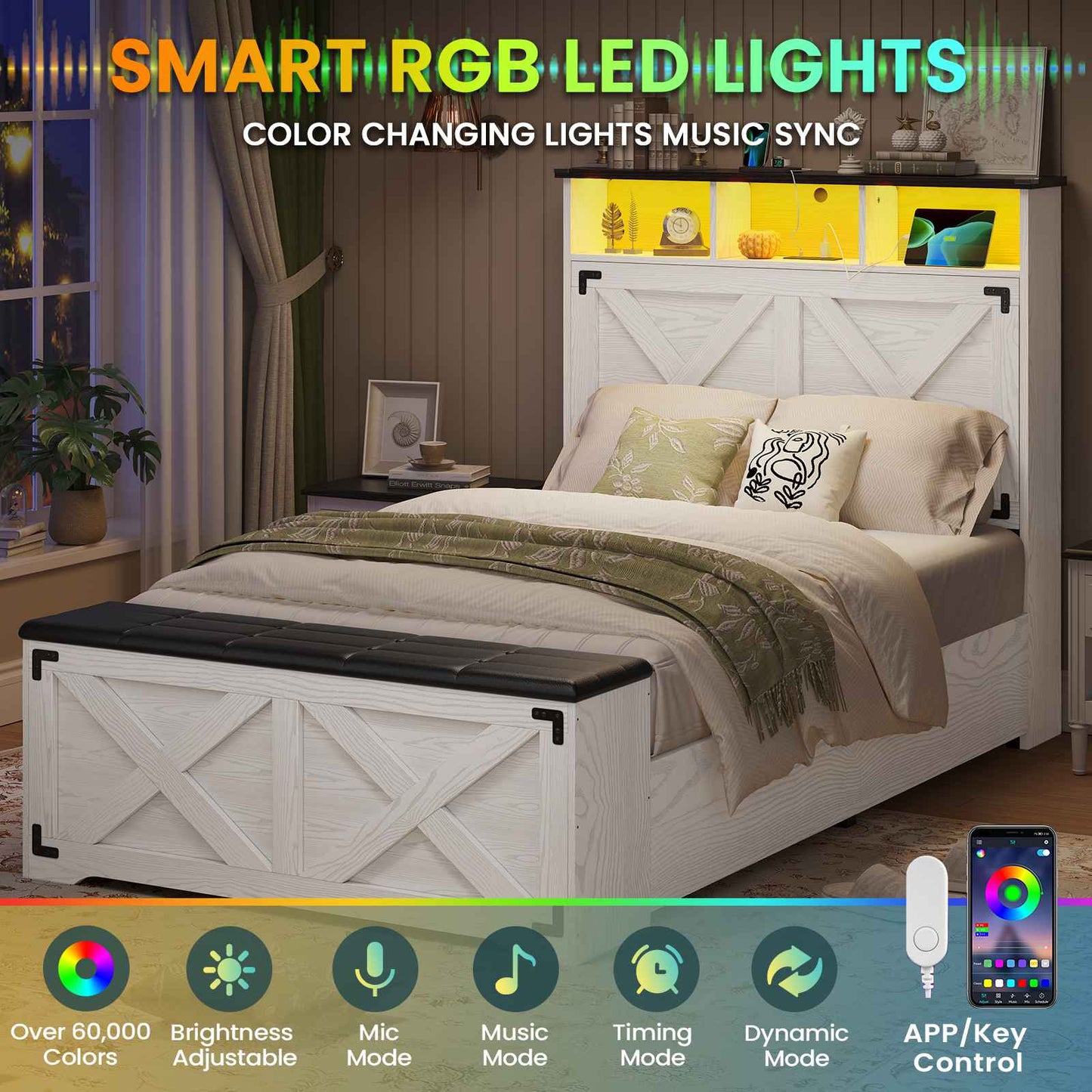 Hasuit | Farmhouse Bed Frame Twin Size with Storage Headboard Charging Station and LED Light Wooden Twin Bed Frame with Storage Ottoman