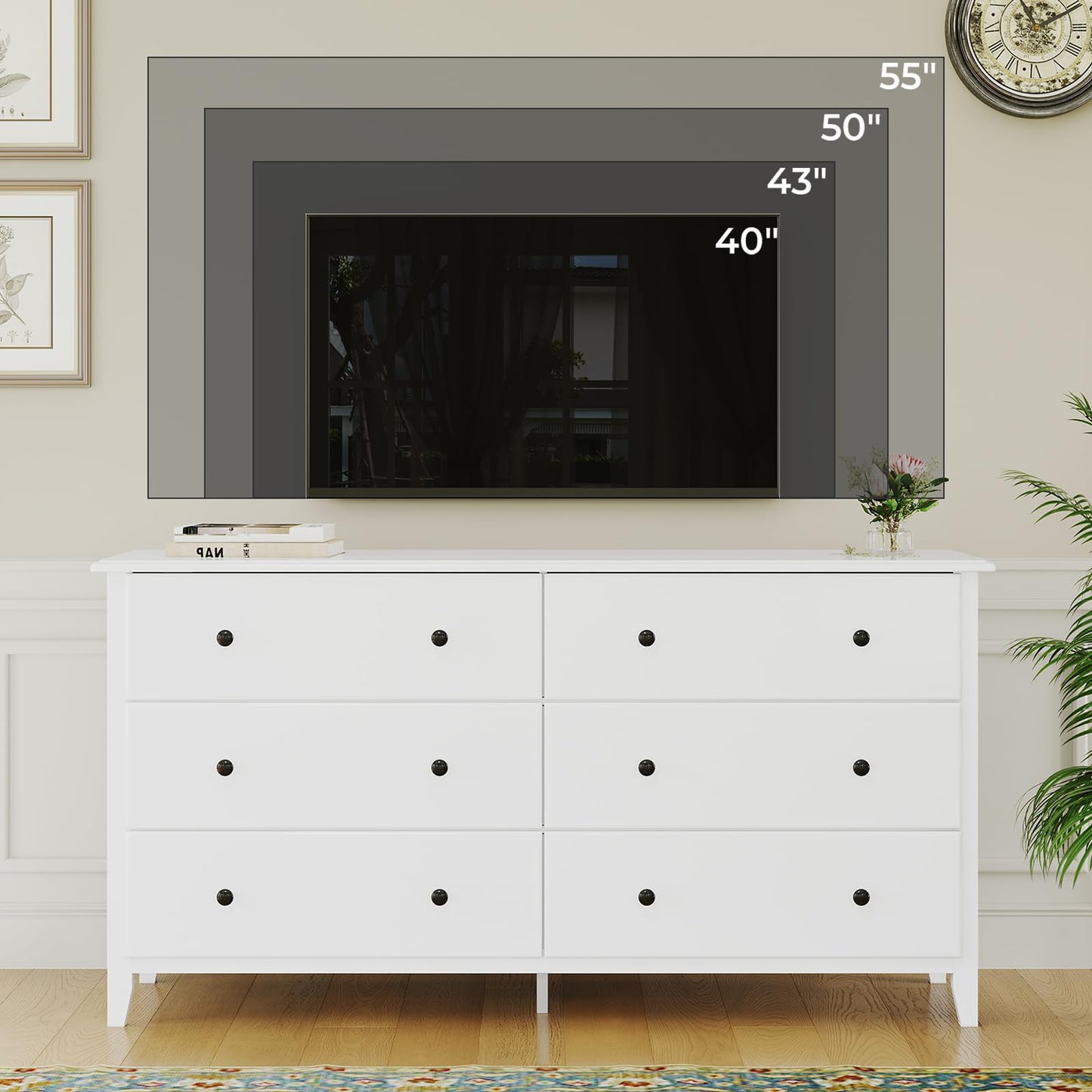 Hasuit | 55.3 Inch Wide Dresser Long Dressers Chest of Drawers Large Capacity 6 Drawer Double Dresser White