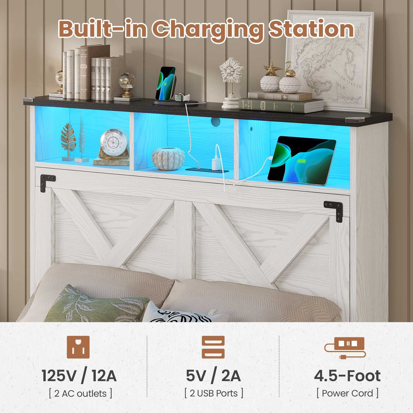 Hasuit | Farmhouse Bed Frame Twin Size with Storage Headboard Charging Station and LED Light Wooden Twin Bed Frame with Storage Ottoman