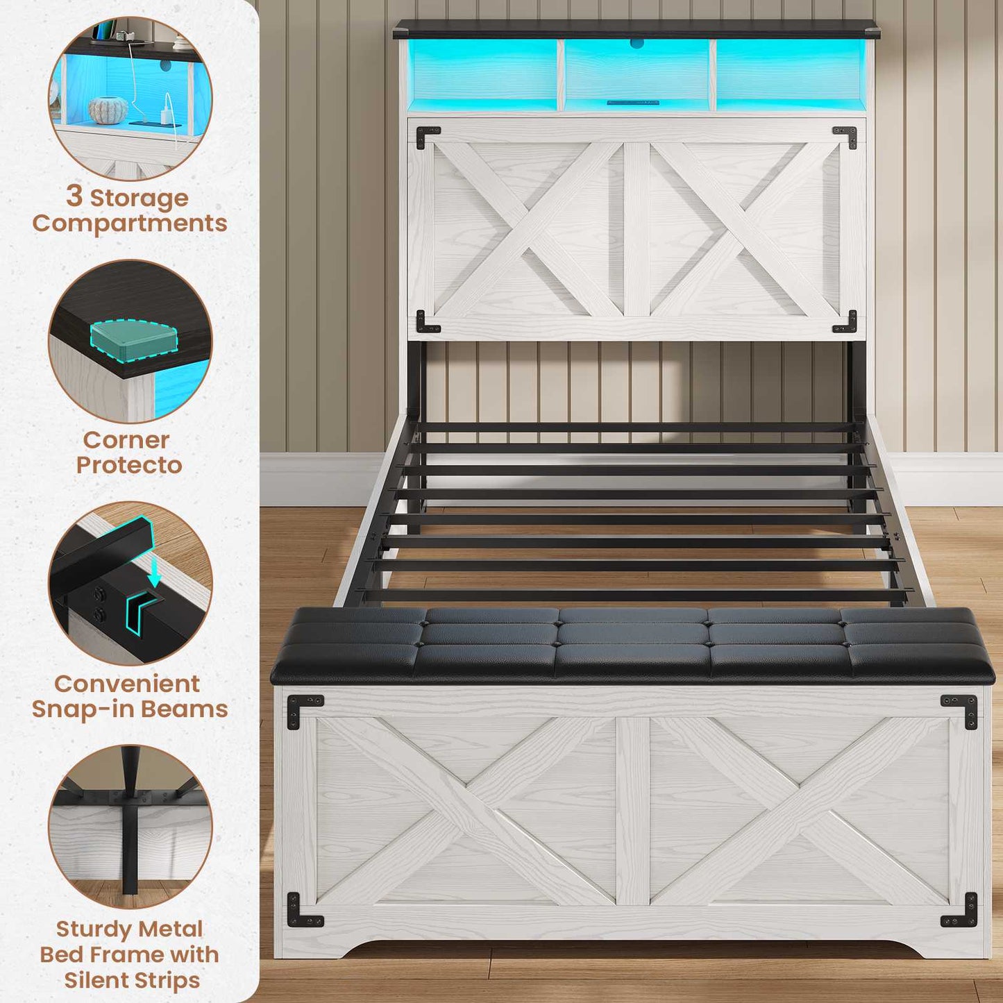 Hasuit | Farmhouse Bed Frame Twin Size with Storage Headboard Charging Station and LED Light Wooden Twin Bed Frame with Storage Ottoman