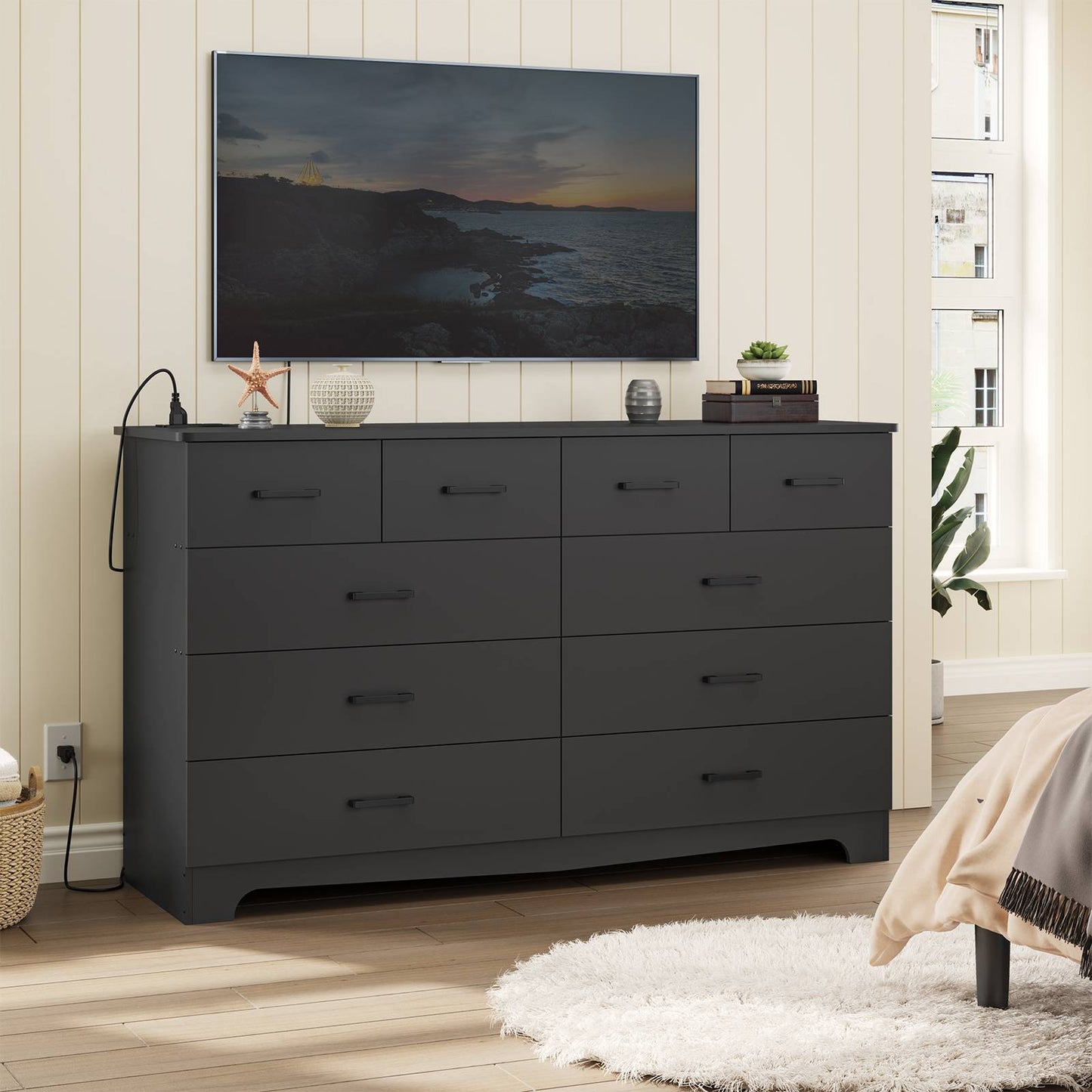Hasuit | 55.1 Inch Wide 10 Drawer Dresser Large Chest of Drawers with Charging Station Wide Storage Clothes Closet Organizer