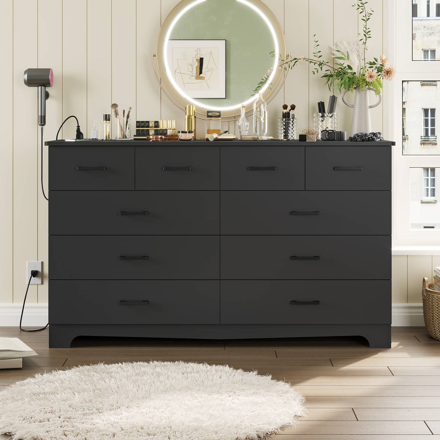 Hasuit | 55.1 Inch Wide 10 Drawer Dresser Large Chest of Drawers with Charging Station Wide Storage Clothes Closet Organizer