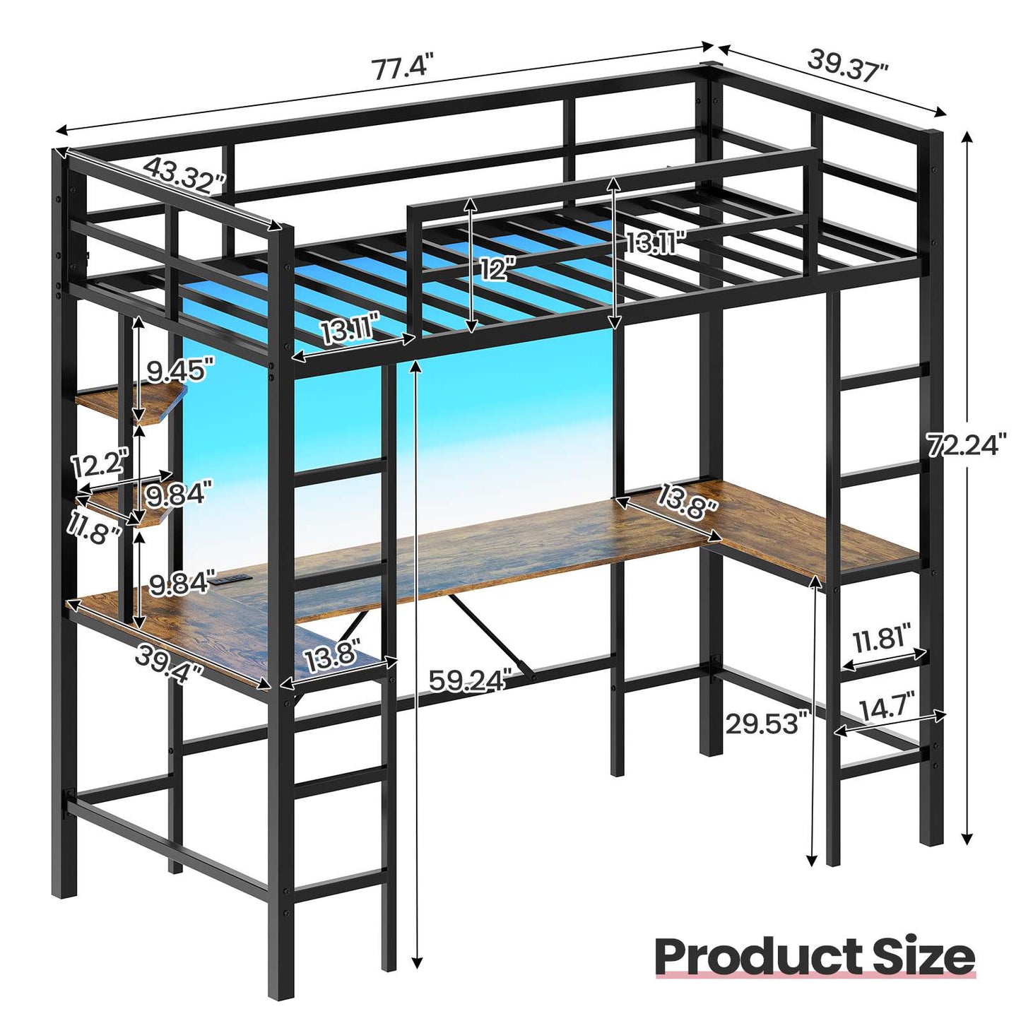Hasuit | Twin Size Loft Bed with Desk U-Shaped Heavy Duty Metal Frame & Built-in Charging Station Safety Guardrails and Open Shelves