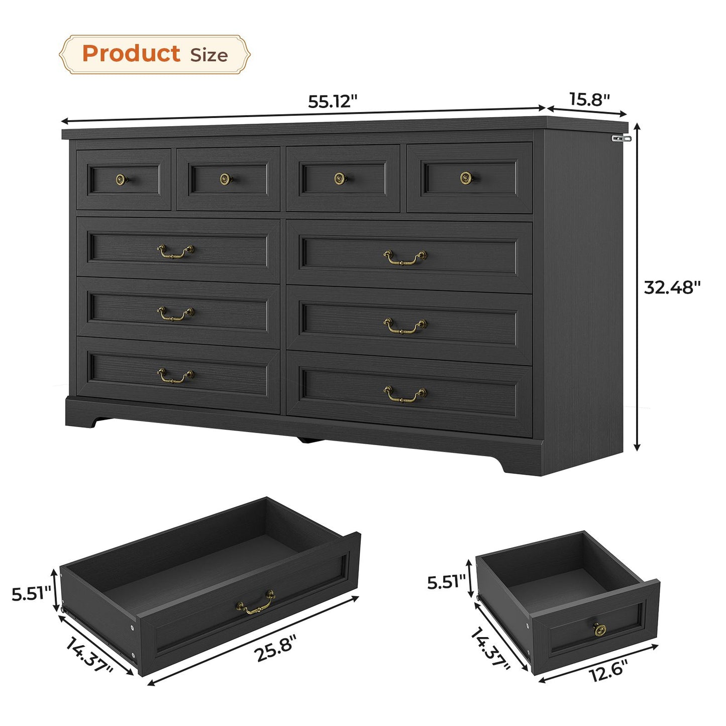 Hasuit | 55.1 Inch Wide Farmhouse 10 Drawer Dresser Rustic Wood Dressers Chest of Drawers Storage Cabinet for Bedroom Hallway