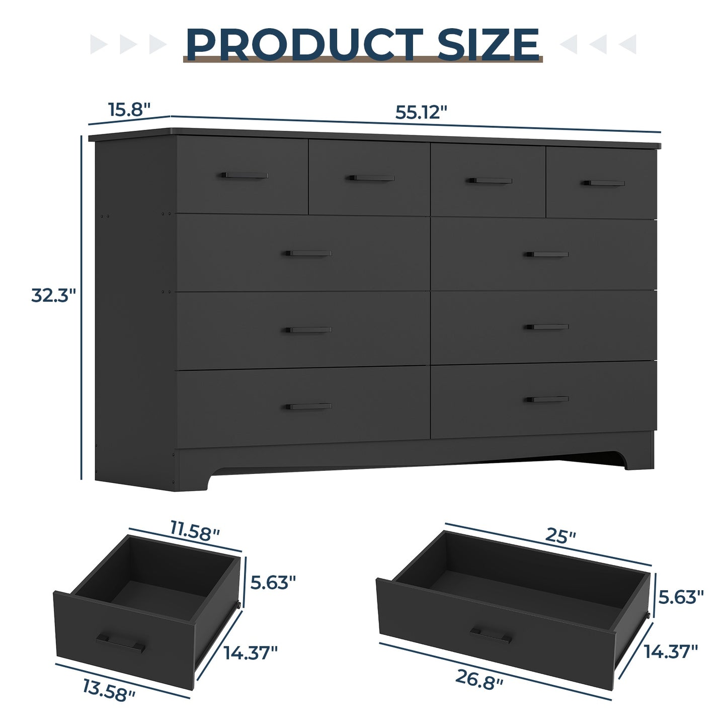 Hasuit | 55.1 Inch Wide 10 Drawer Dresser Large Chest of Drawers with Charging Station Wide Storage Clothes Closet Organizer