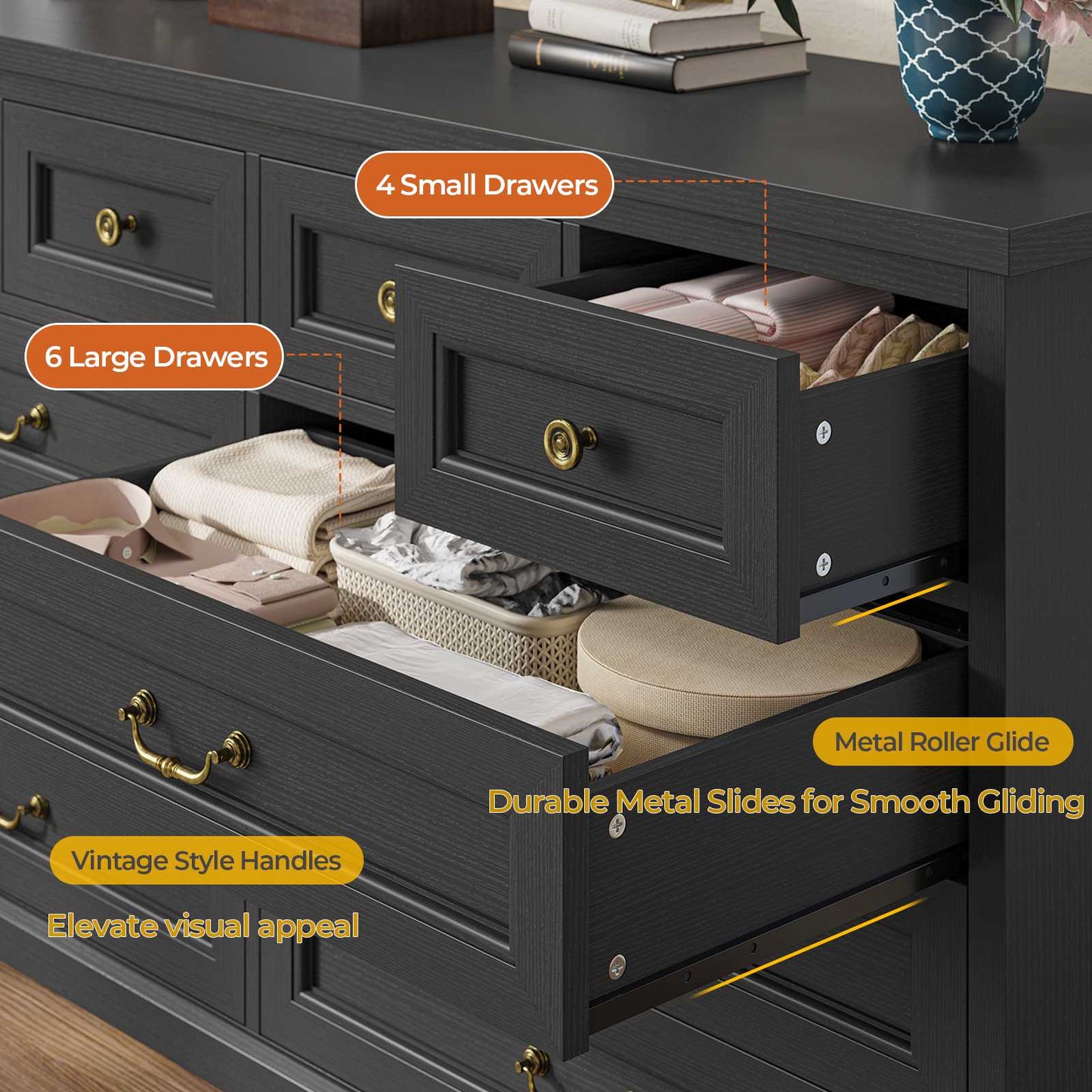 Hasuit | 55.1 Inch Wide Farmhouse 10 Drawer Dresser Rustic Wood Dressers Chest of Drawers Storage Cabinet for Bedroom Hallway