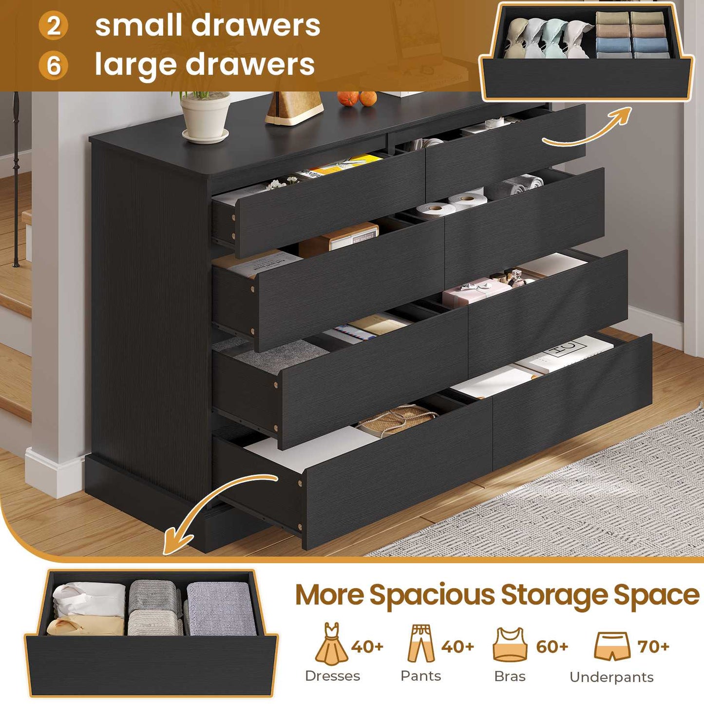 Hasuit | 51.5 Inch Wide Dresser for Bedroom Long Dresser with 8 Drawers Wooden Dressers Chest Large Capacity Clothing Storage Cabinet