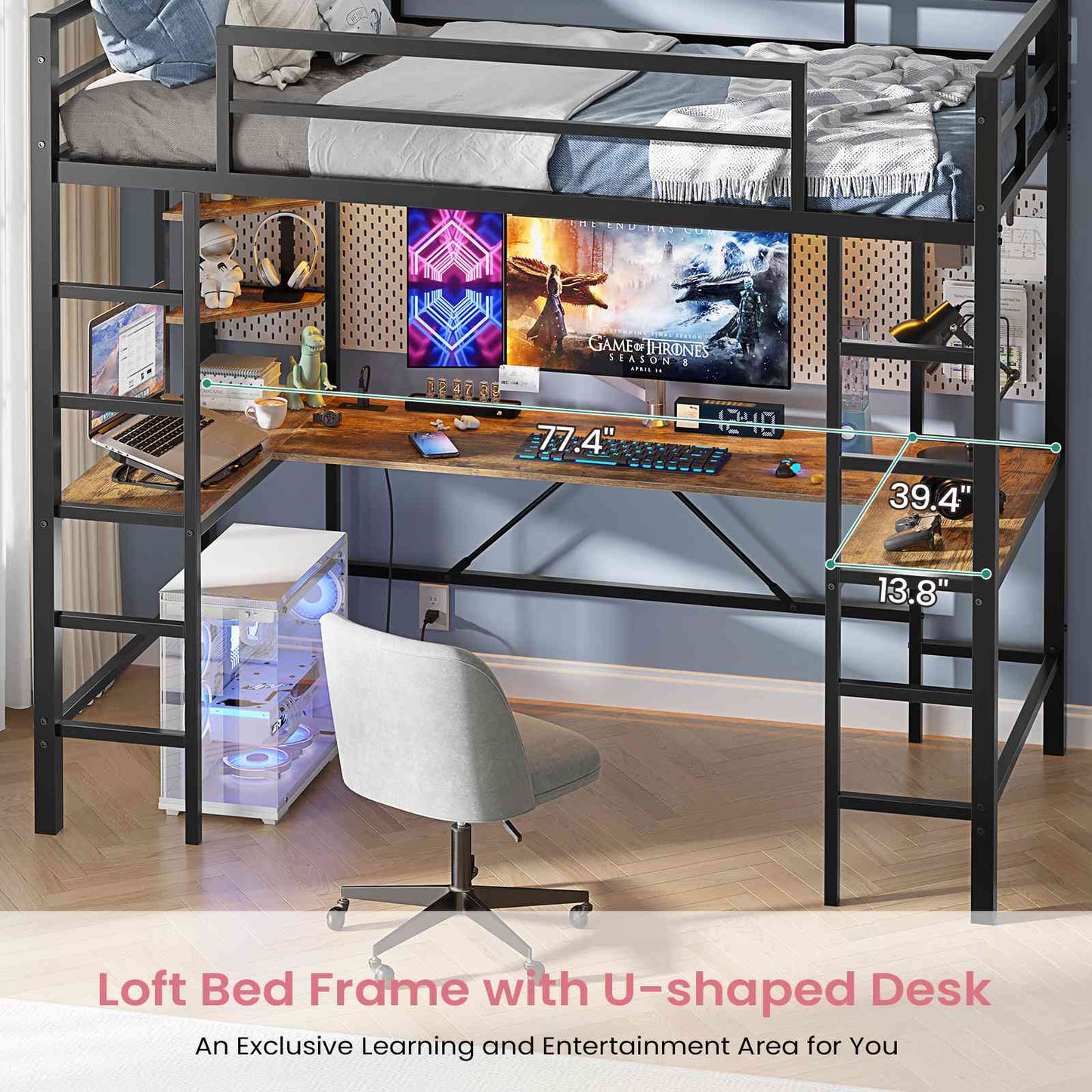 Hasuit | Twin Size Loft Bed with Desk U-Shaped Heavy Duty Metal Frame & Built-in Charging Station Safety Guardrails and Open Shelves