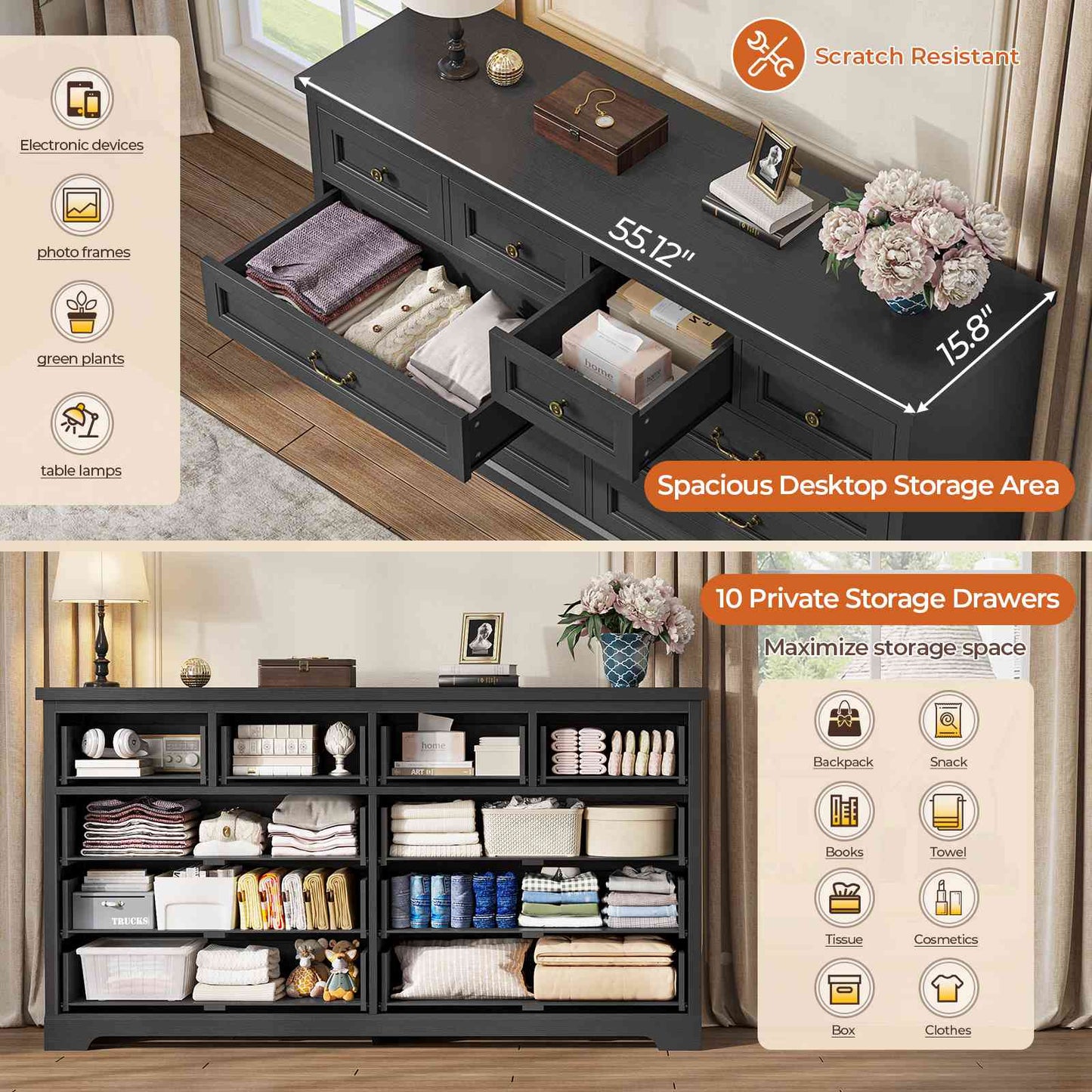 Hasuit | 55.1 Inch Wide Farmhouse 10 Drawer Dresser Rustic Wood Dressers Chest of Drawers Storage Cabinet for Bedroom Hallway