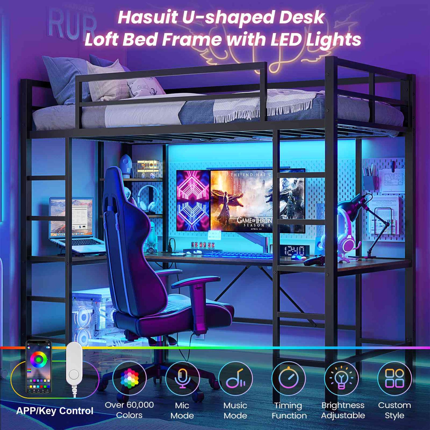 Hasuit | Twin Size Loft Bed with Desk U-Shaped Heavy Duty Metal Frame & Built-in Charging Station Safety Guardrails and Open Shelves
