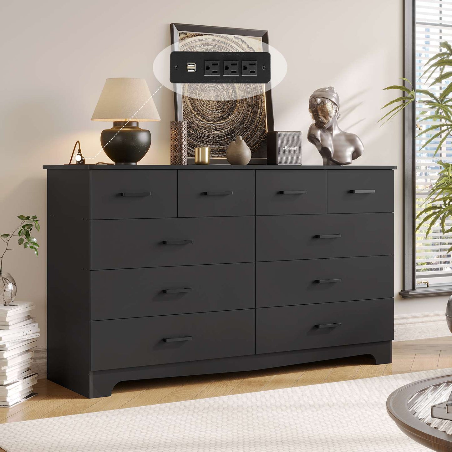 Hasuit | 55.1 Inch Wide 10 Drawer Dresser Large Chest of Drawers with Charging Station Wide Storage Clothes Closet Organizer