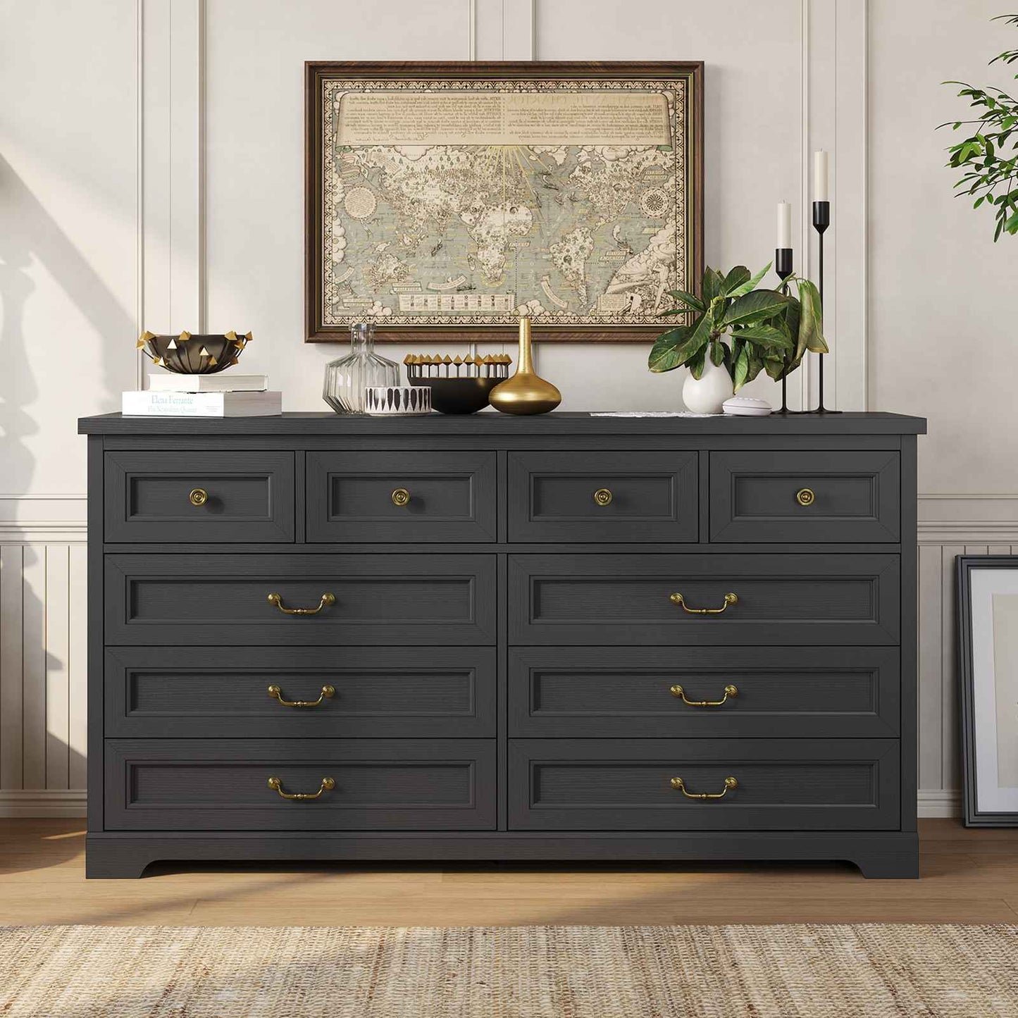 Hasuit | 55.1 Inch Wide Farmhouse 10 Drawer Dresser Rustic Wood Dressers Chest of Drawers Storage Cabinet for Bedroom Hallway