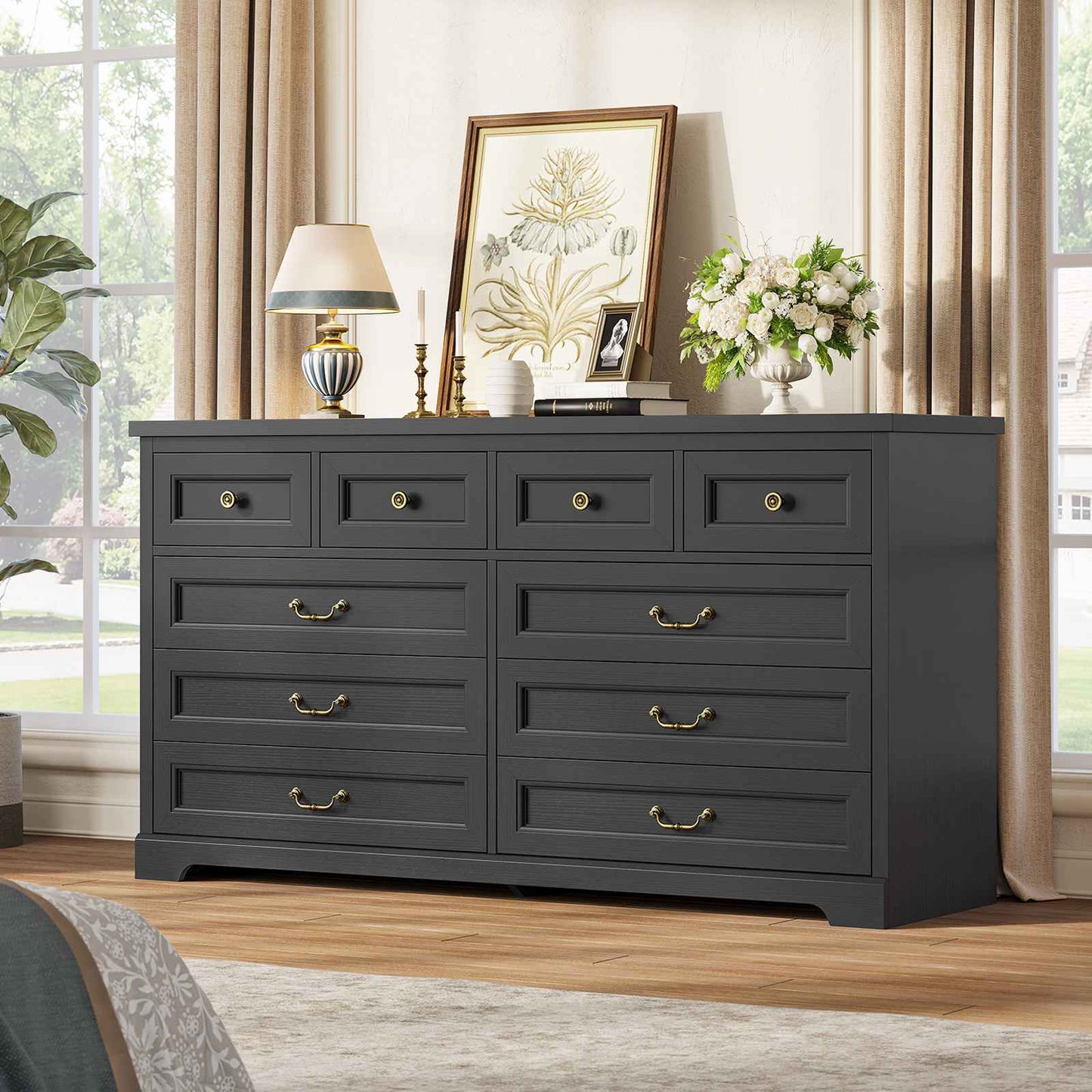 Hasuit | 55.1 Inch Wide Farmhouse 10 Drawer Dresser Rustic Wood Dressers Chest of Drawers Storage Cabinet for Bedroom Hallway