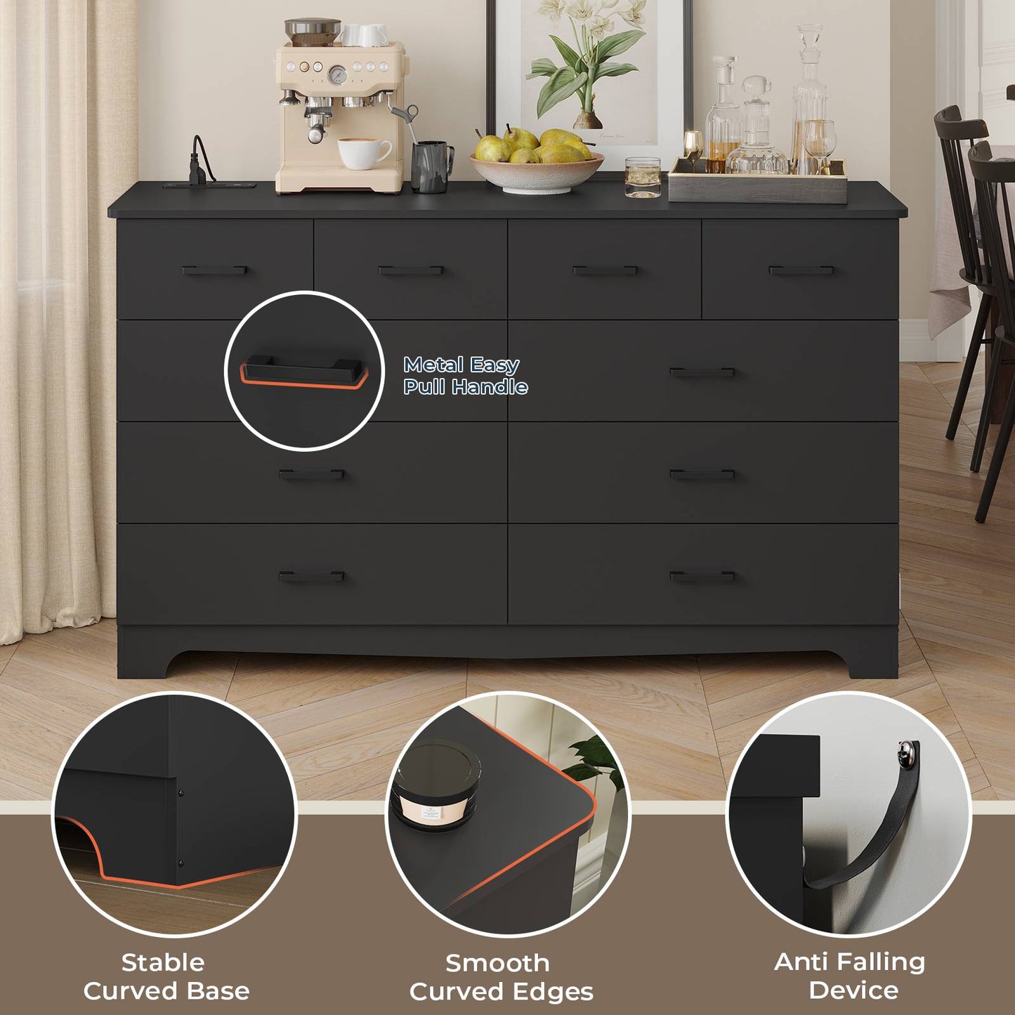 Hasuit | 55.1 Inch Wide 10 Drawer Dresser Large Chest of Drawers with Charging Station Wide Storage Clothes Closet Organizer