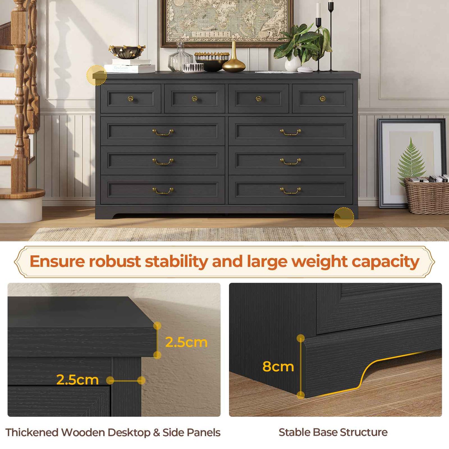 Hasuit | 55.1 Inch Wide Farmhouse 10 Drawer Dresser Rustic Wood Dressers Chest of Drawers Storage Cabinet for Bedroom Hallway