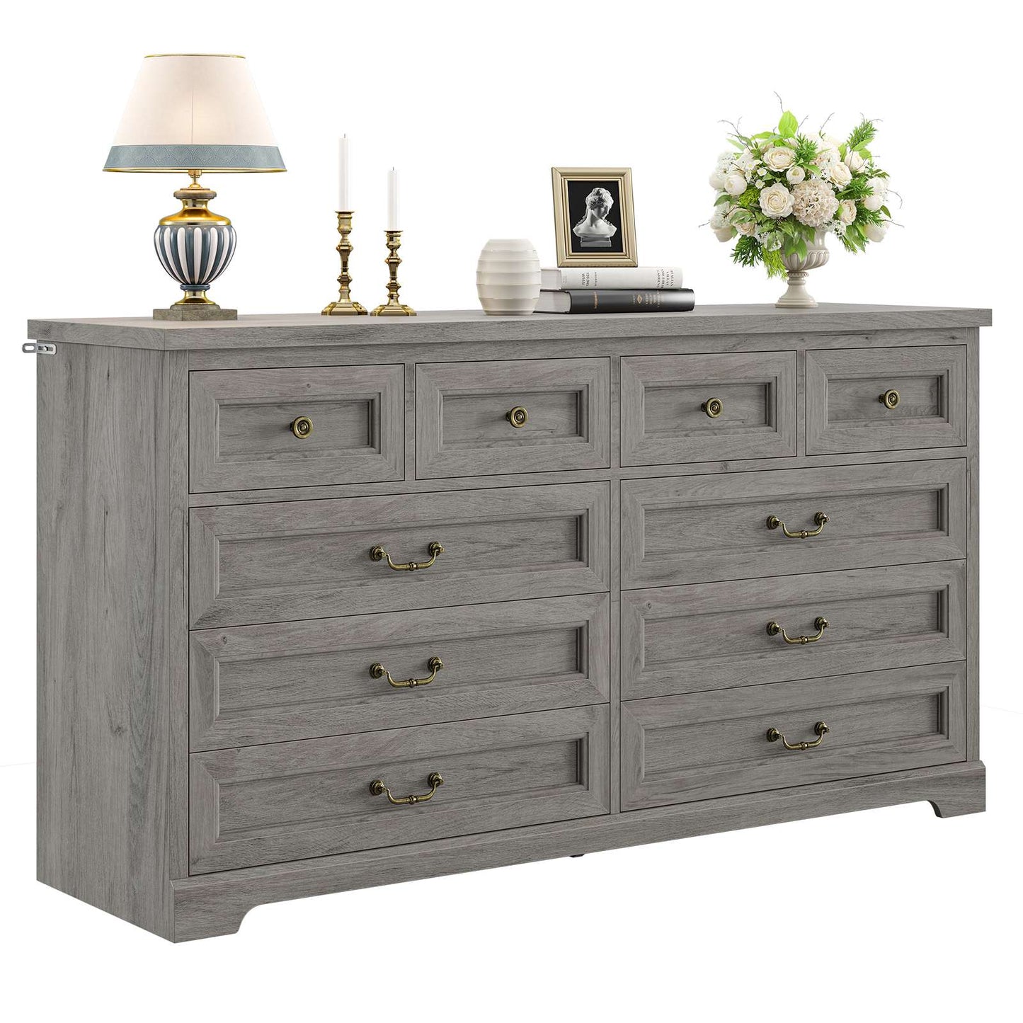 Hasuit | 55.1 Inch Wide Farmhouse 10 Drawer Dresser Rustic Wood Dressers Chest of Drawers Storage Cabinet for Bedroom Hallway