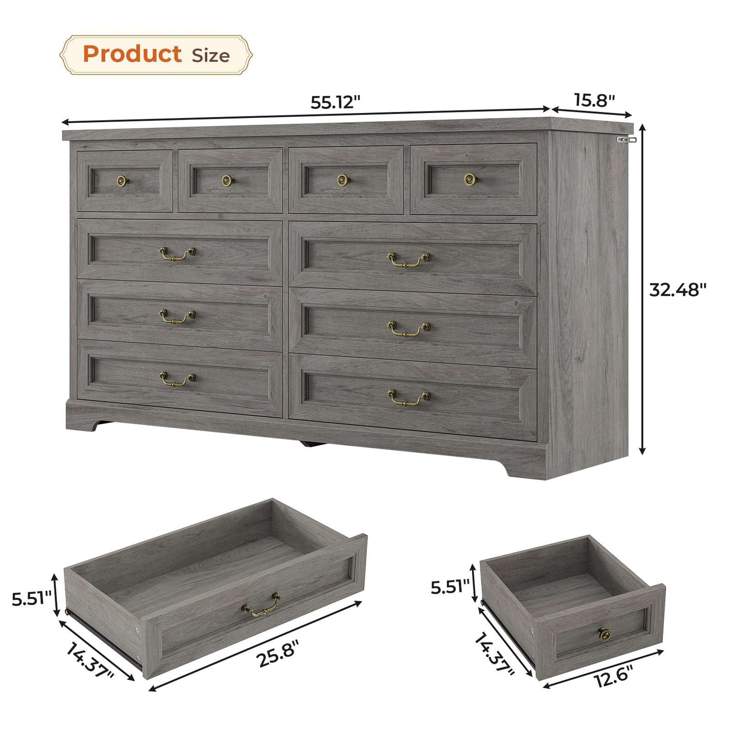 Hasuit | 55.1 Inch Wide Farmhouse 10 Drawer Dresser Rustic Wood Dressers Chest of Drawers Storage Cabinet for Bedroom Hallway