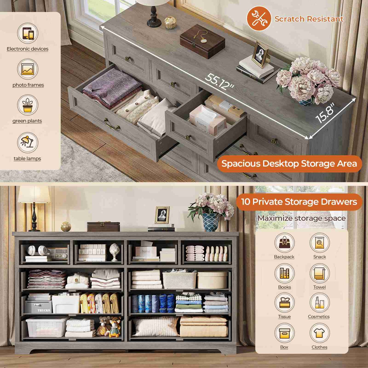 Hasuit | 55.1 Inch Wide Farmhouse 10 Drawer Dresser Rustic Wood Dressers Chest of Drawers Storage Cabinet for Bedroom Hallway