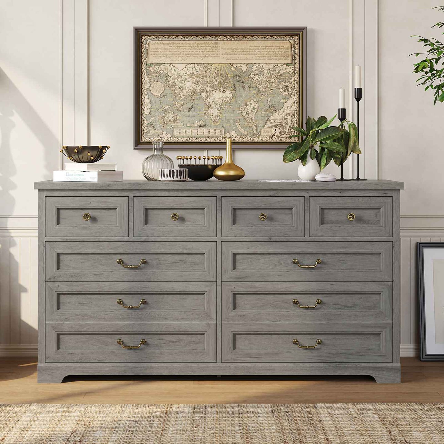 Hasuit | 55.1 Inch Wide Farmhouse 10 Drawer Dresser Rustic Wood Dressers Chest of Drawers Storage Cabinet for Bedroom Hallway