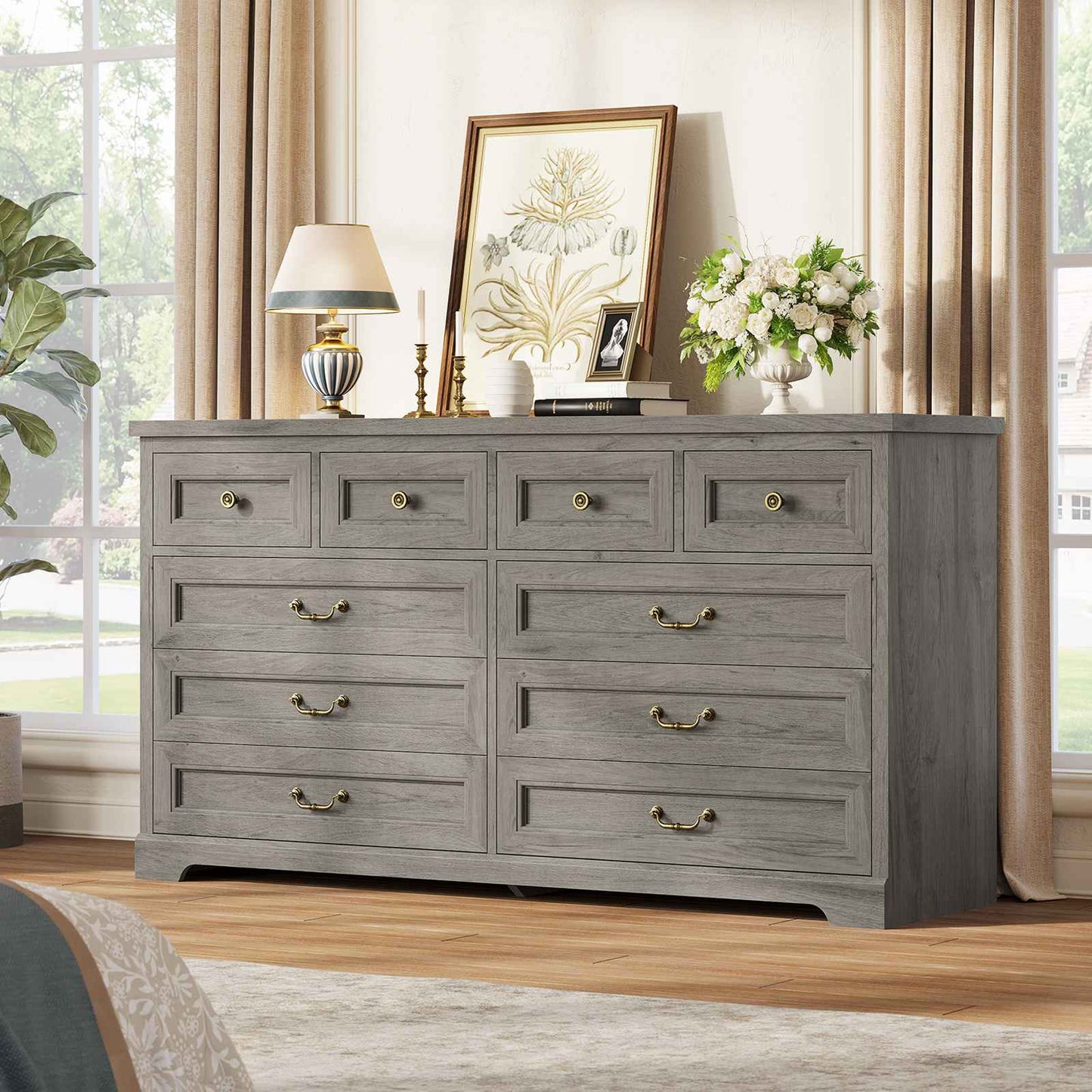Hasuit | 55.1 Inch Wide Farmhouse 10 Drawer Dresser Rustic Wood Dressers Chest of Drawers Storage Cabinet for Bedroom Hallway
