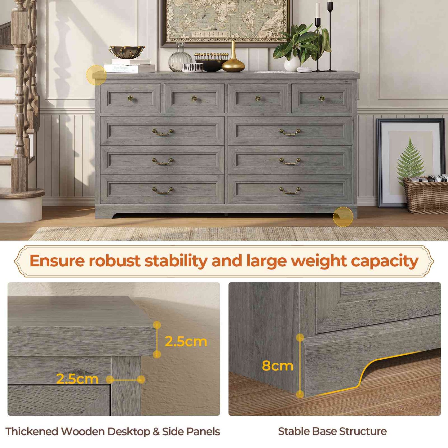 Hasuit | 55.1 Inch Wide Farmhouse 10 Drawer Dresser Rustic Wood Dressers Chest of Drawers Storage Cabinet for Bedroom Hallway