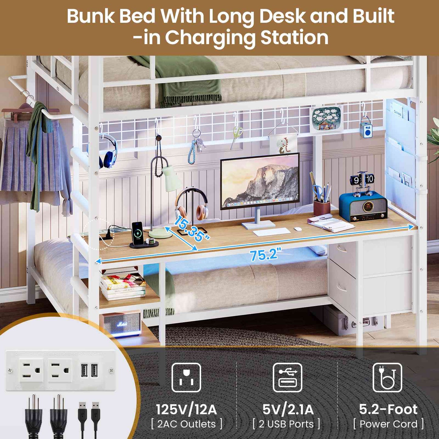 Hasuit | Full Over Twin Bunk Bed with Desk Convertible Storage Shelf Metal Loft Bed with Led Lights & Charging Station Bunk Beds for Teens with Safety Guard & Stairs