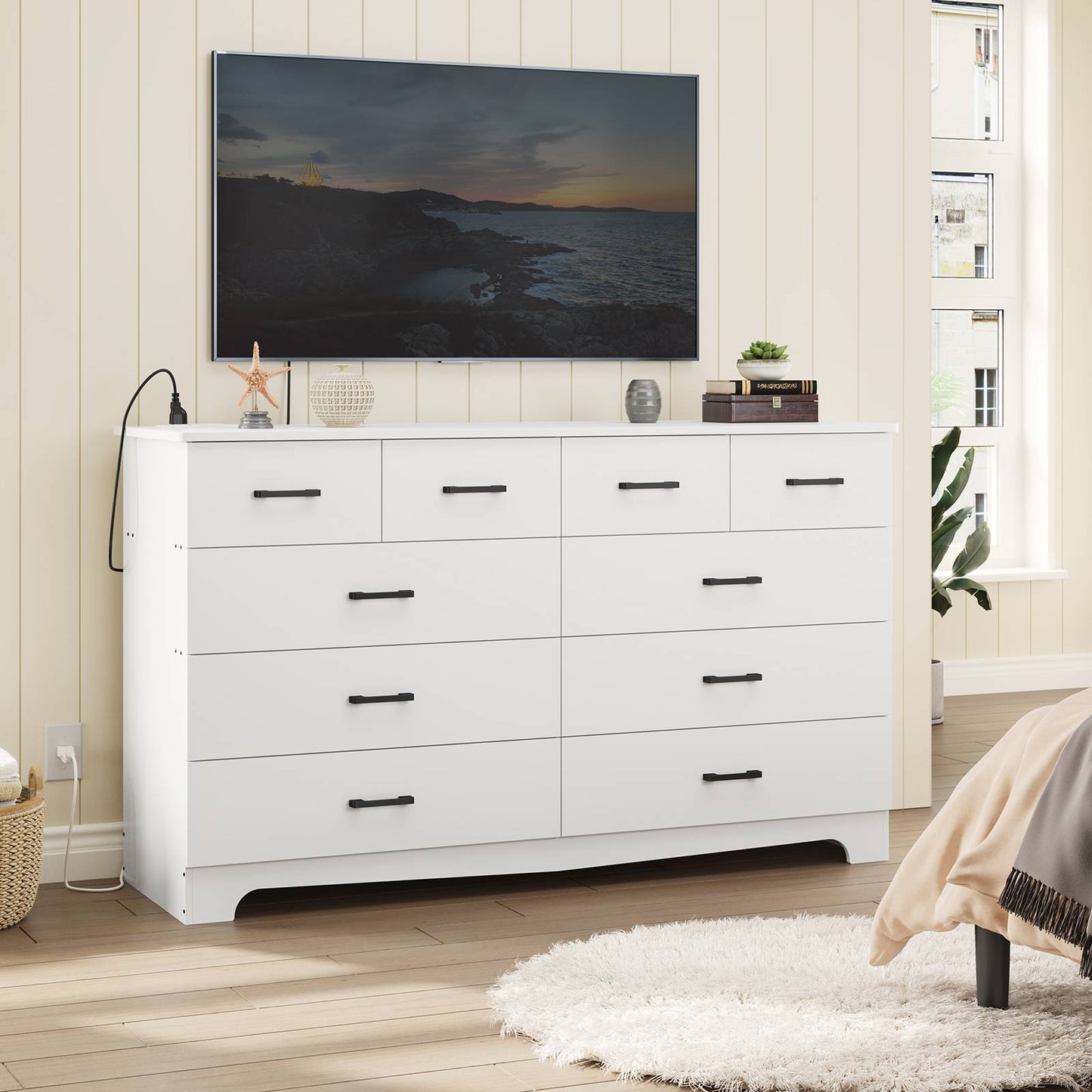 Hasuit | 55.1 Inch Wide 10 Drawer Dresser Large Chest of Drawers with Charging Station Wide Storage Clothes Closet Organizer