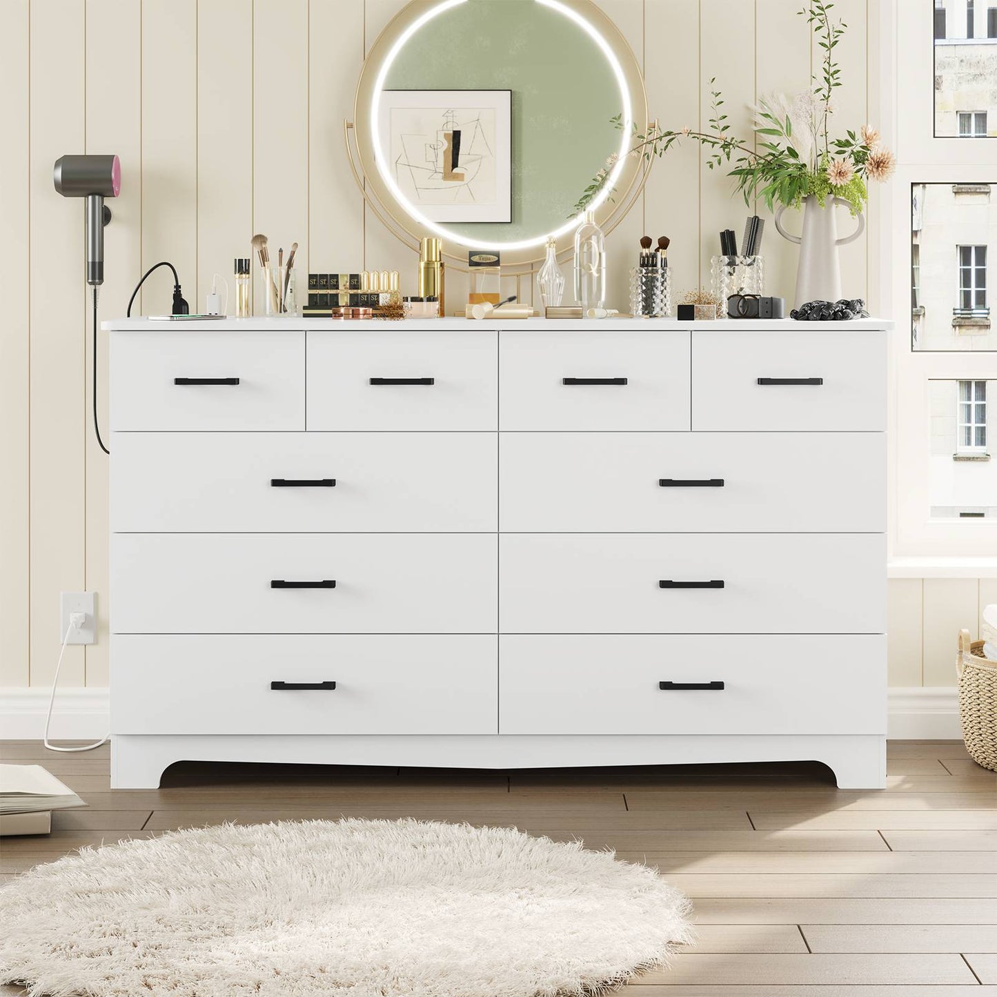 Hasuit | 55.1 Inch Wide 10 Drawer Dresser Large Chest of Drawers with Charging Station Wide Storage Clothes Closet Organizer