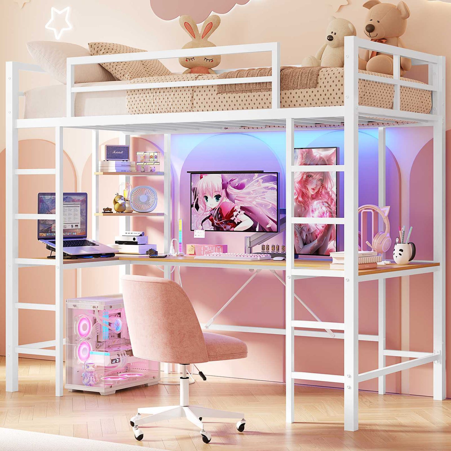 Hasuit | Twin Size Loft Bed with Desk U-Shaped Heavy Duty Metal Frame & Built-in Charging Station Safety Guardrails and Open Shelves