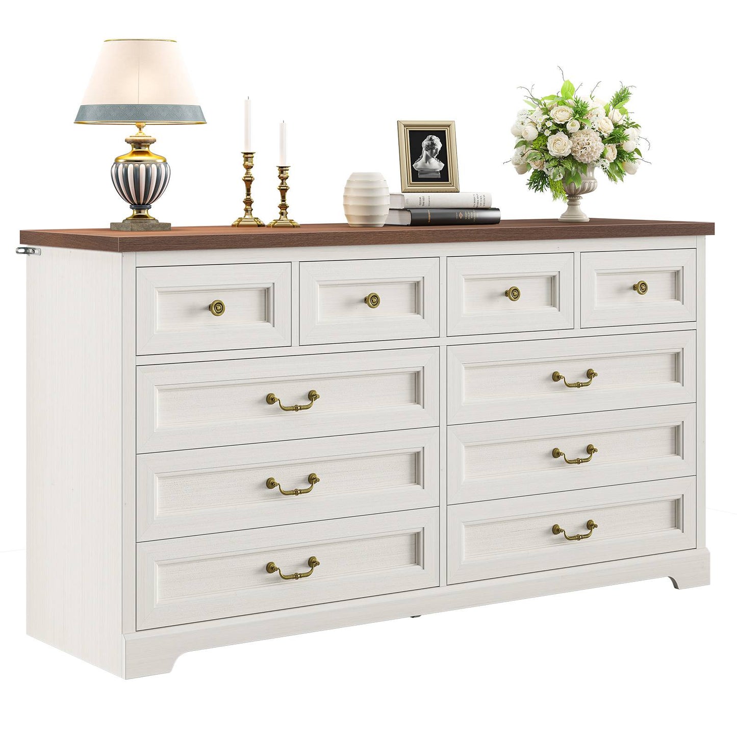 Hasuit | 55.1 Inch Wide Farmhouse 10 Drawer Dresser Rustic Wood Dressers Chest of Drawers Storage Cabinet for Bedroom Hallway