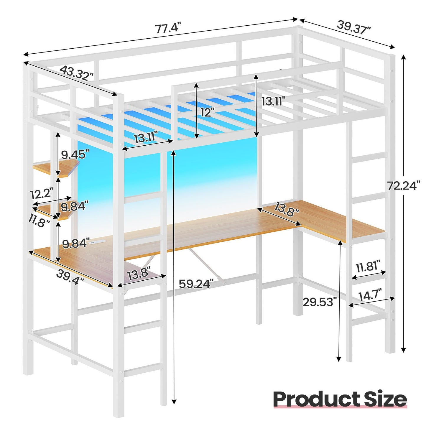 Hasuit | Twin Size Loft Bed with Desk U-Shaped Heavy Duty Metal Frame & Built-in Charging Station Safety Guardrails and Open Shelves